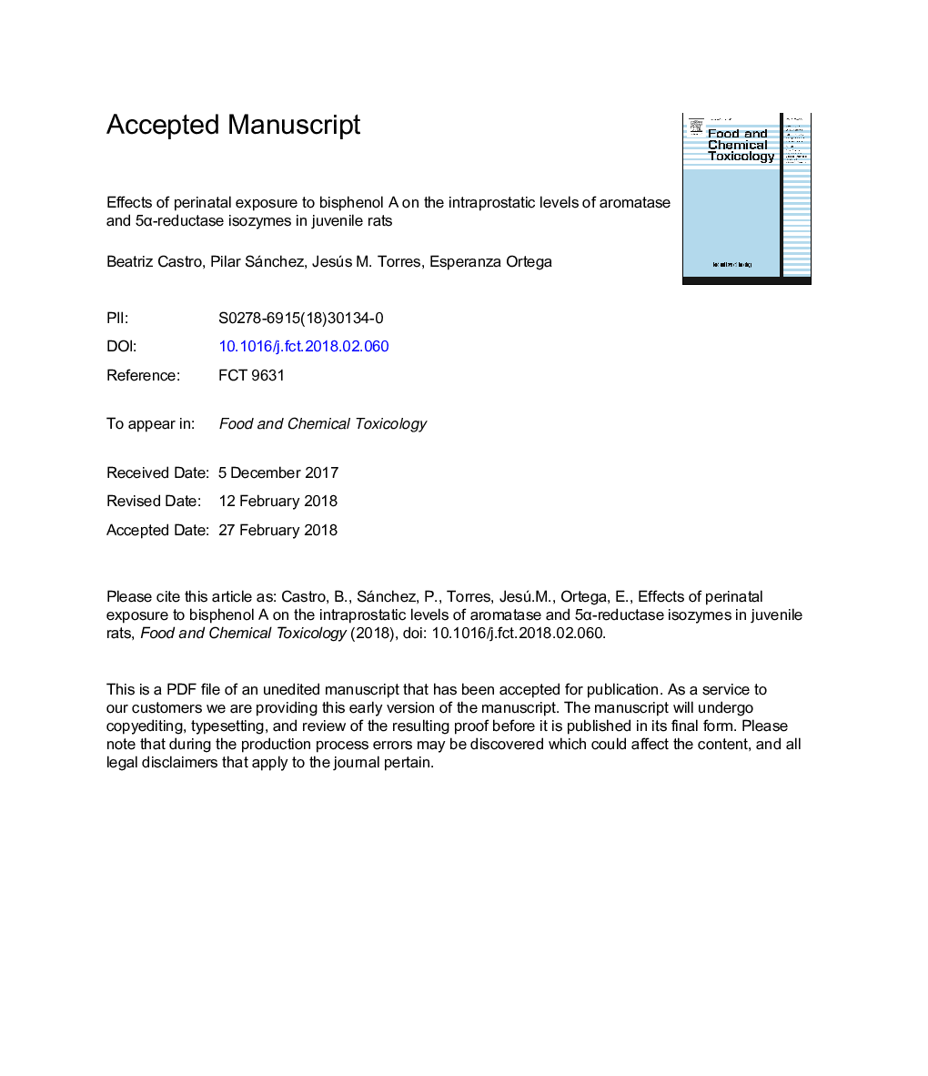 Effects of perinatal exposure to bisphenol A on the intraprostatic levels of aromatase and 5Î±-reductase isozymes in juvenile rats