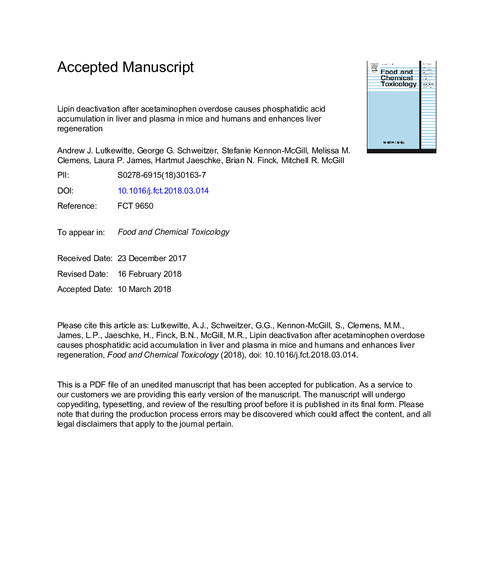 Lipin deactivation after acetaminophen overdose causes phosphatidic acid accumulation in liver and plasma in mice and humans and enhances liver regeneration