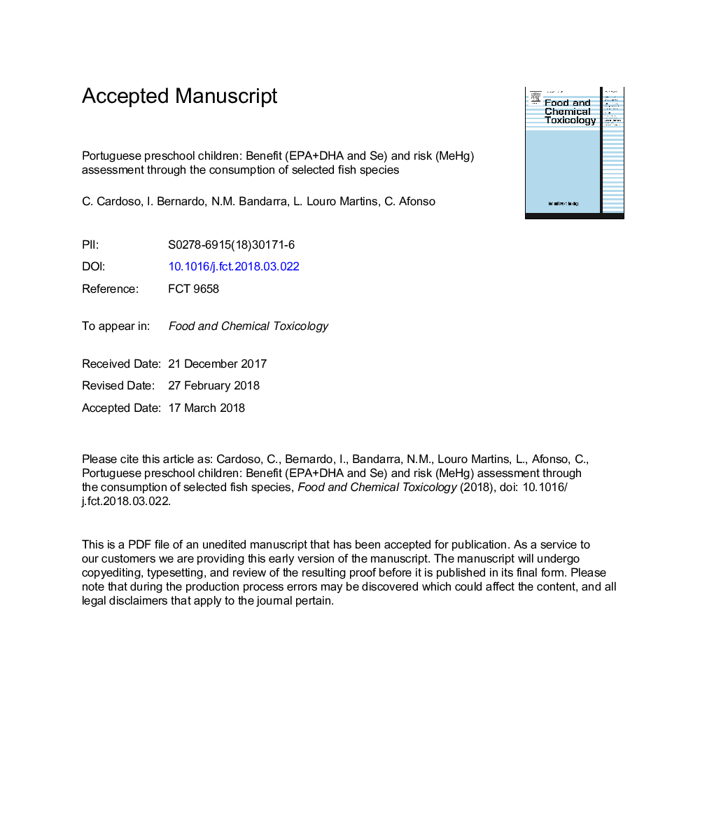عکس صفحه اول مقاله: Portuguese preschool children: Benefit (EPA+DHA and Se) and risk (MeHg) assessment through the consumption of selected fish species Portuguese preschool children: Benefit (EPA+DHA and Se) and risk (MeHg) assessment through the consumption of selected fish species