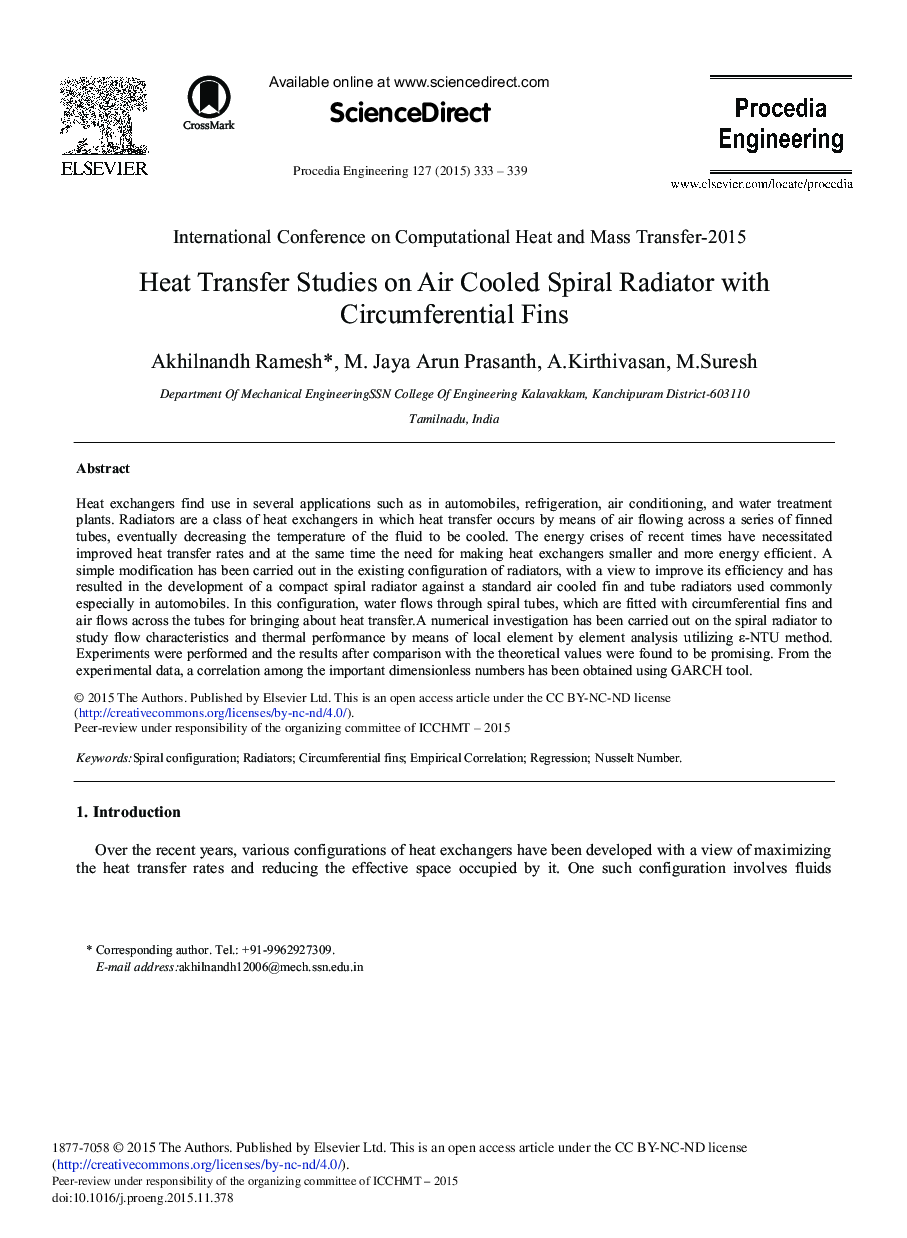 Heat Transfer Studies on Air Cooled Spiral Radiator with Circumferential Fins 