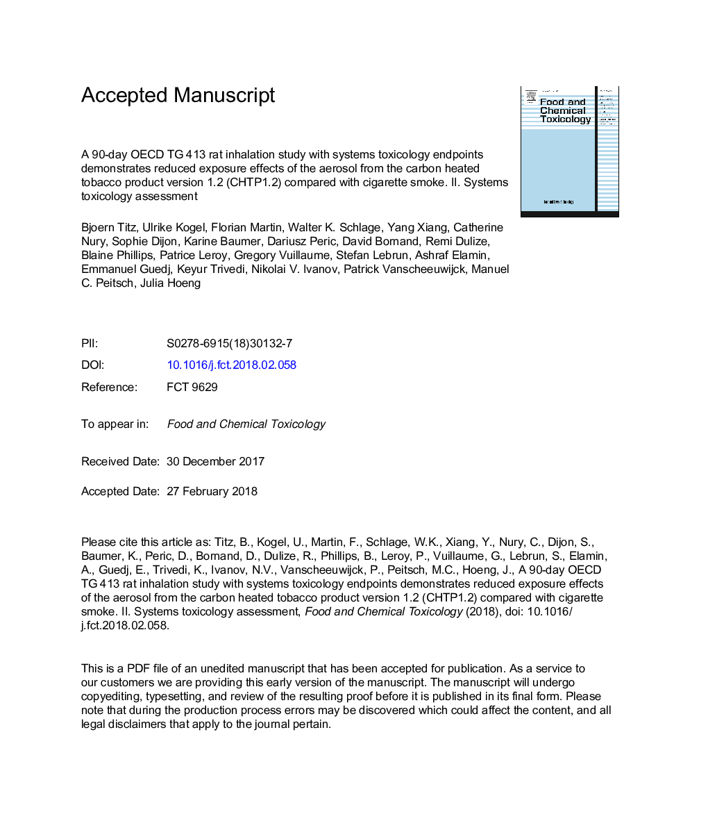 A 90-day OECD TG 413 rat inhalation study with systems toxicology endpoints demonstrates reduced exposure effects of the aerosol from the carbon heated tobacco product version 1.2 (CHTP1.2) compared with cigarette smoke. II. Systems toxicology assessment