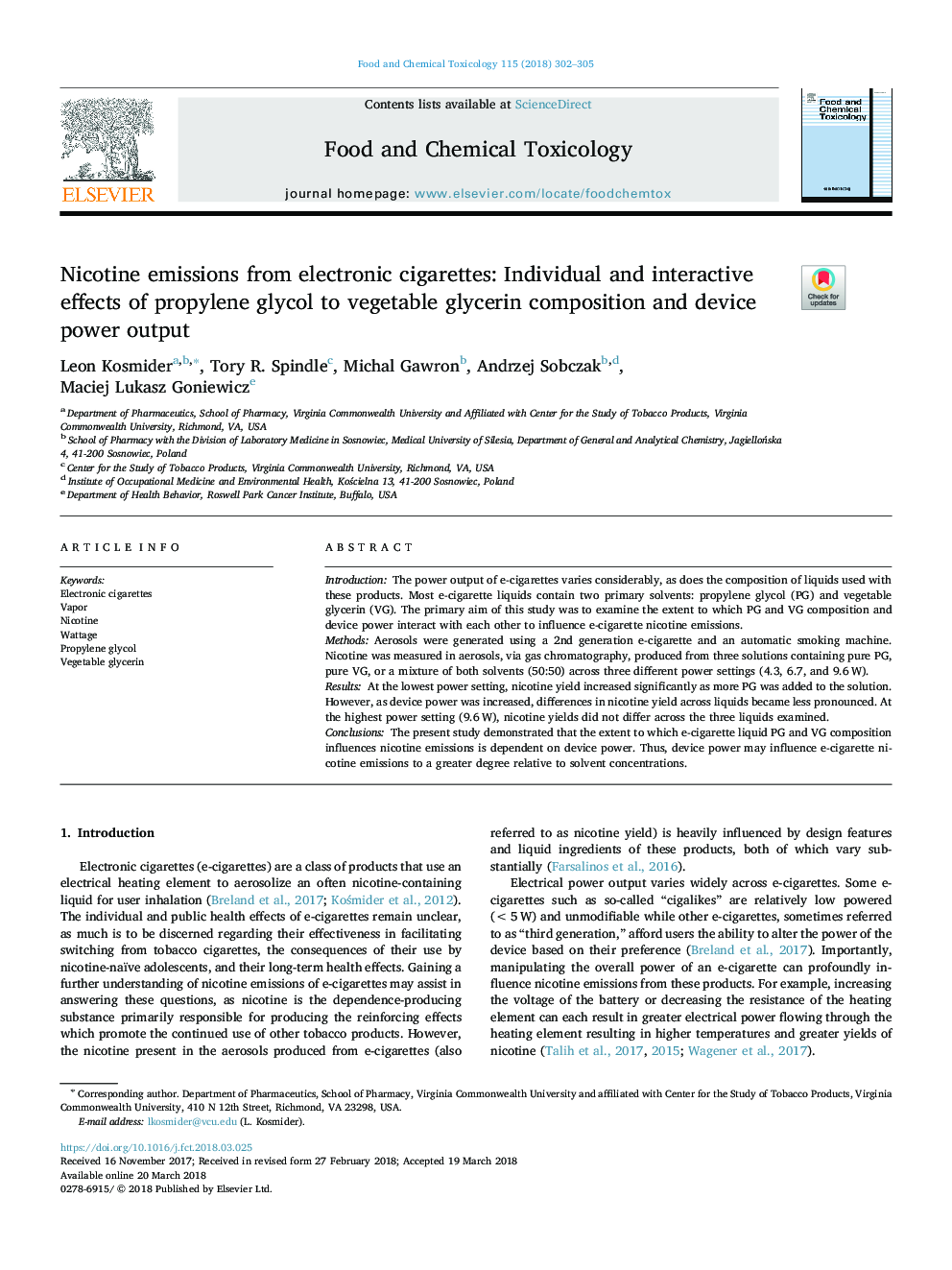 Nicotine emissions from electronic cigarettes: Individual and interactive effects of propylene glycol to vegetable glycerin composition and device power output