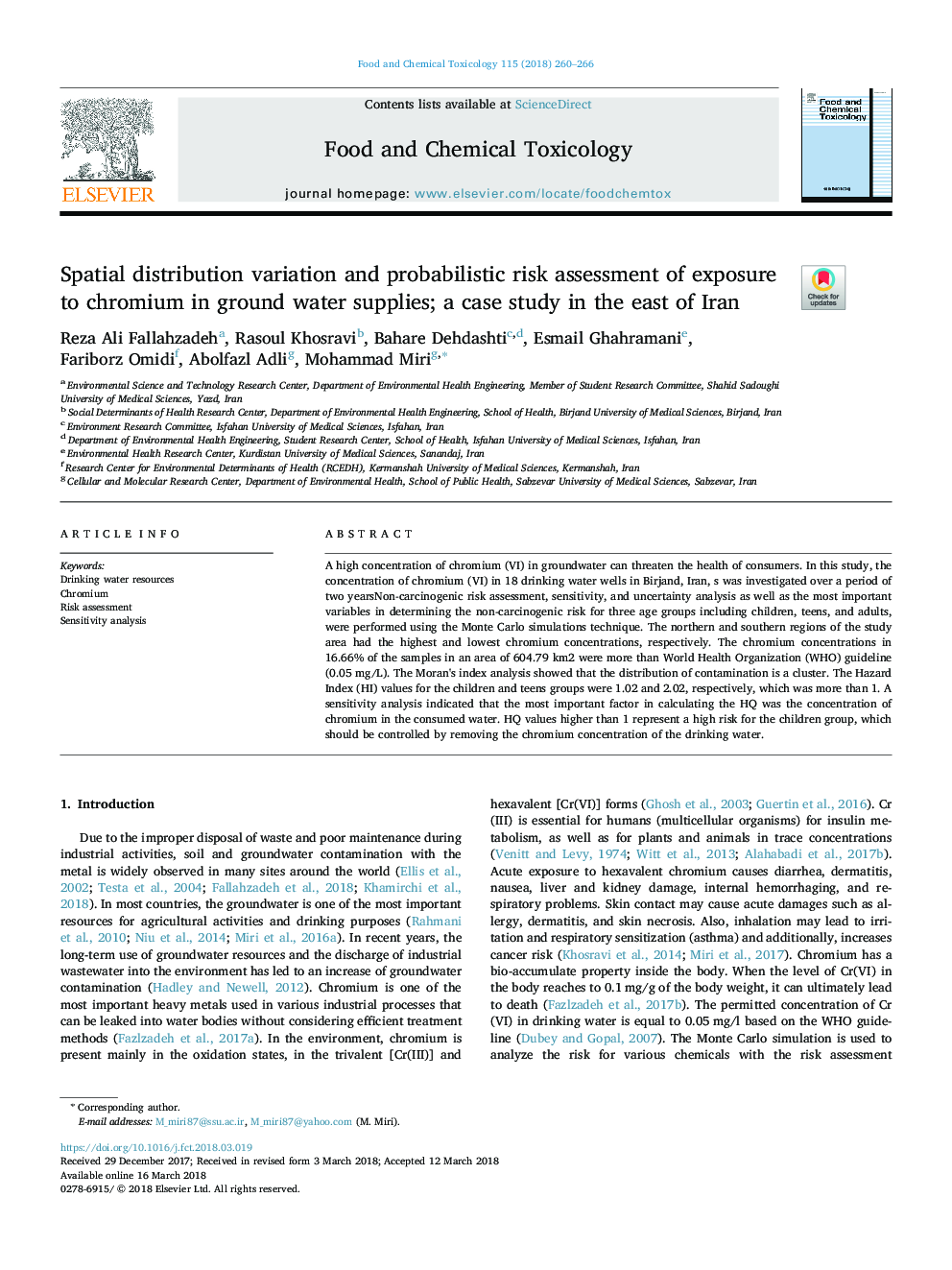 Spatial distribution variation and probabilistic risk assessment of exposure to chromium in ground water supplies; a case study in the east of Iran