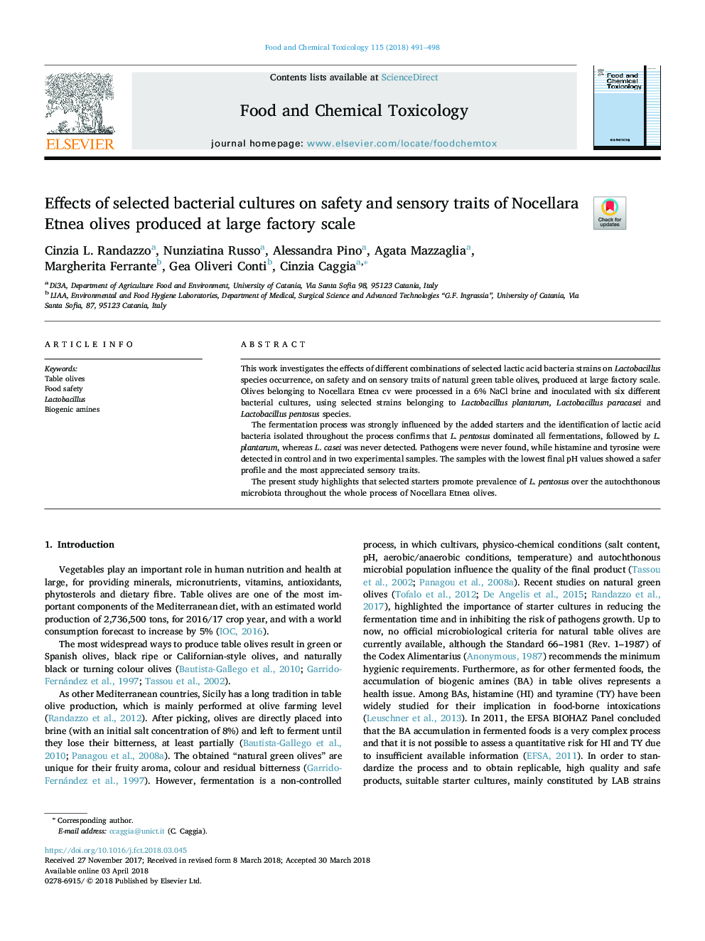 Effects of selected bacterial cultures on safety and sensory traits of Nocellara Etnea olives produced at large factory scale