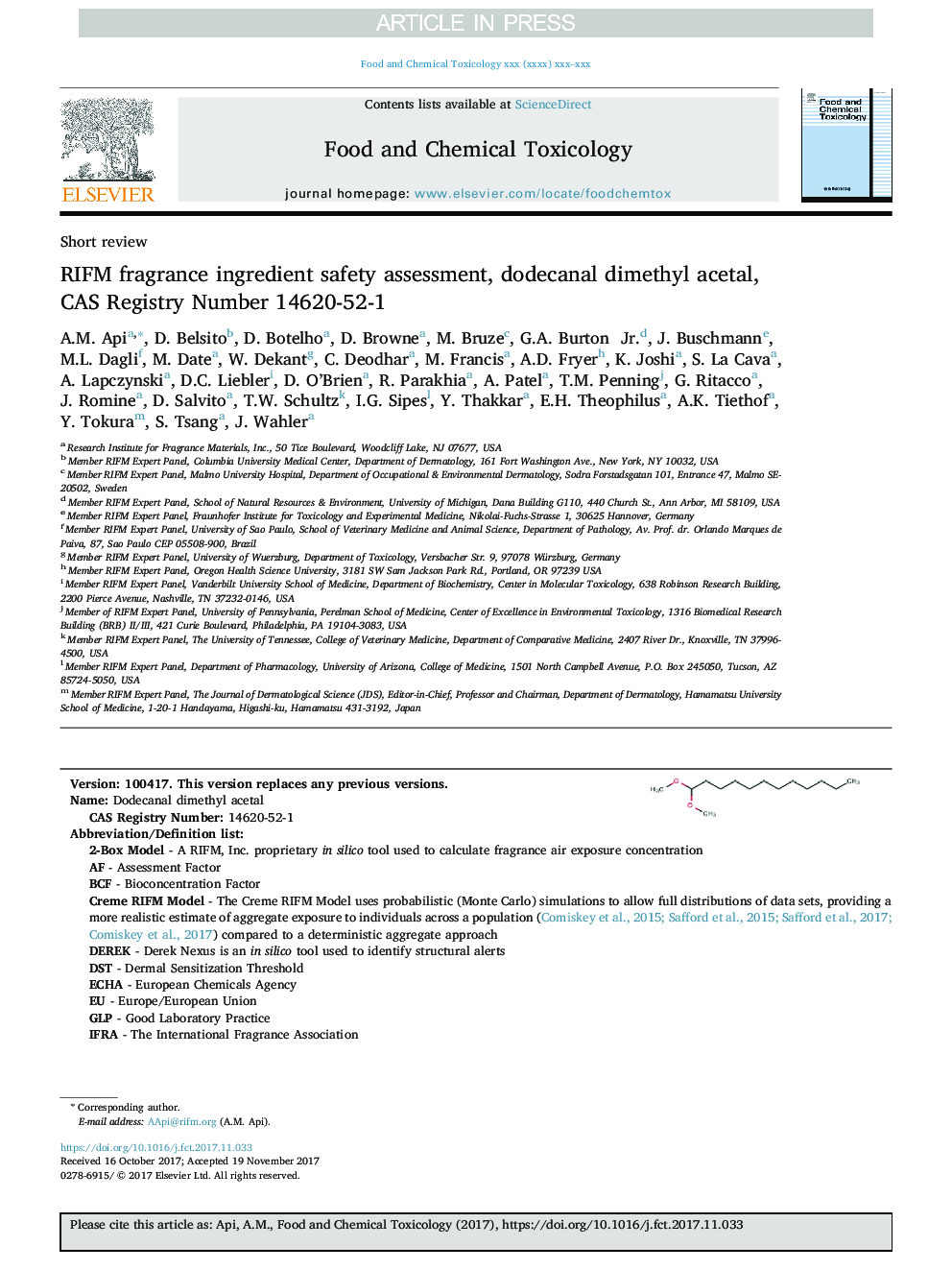 عکس صفحه اول مقاله: RIFM fragrance ingredient safety assessment, dodecanal dimethyl acetal, CAS Registry Number 14620-52-1 RIFM fragrance ingredient safety assessment, dodecanal dimethyl acetal, CAS Registry Number 14620-52-1