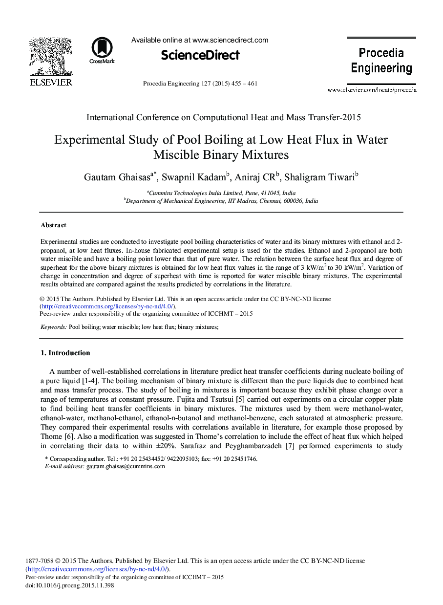 Experimental Study of Pool Boiling at Low Heat Flux in Water Miscible Binary Mixtures 