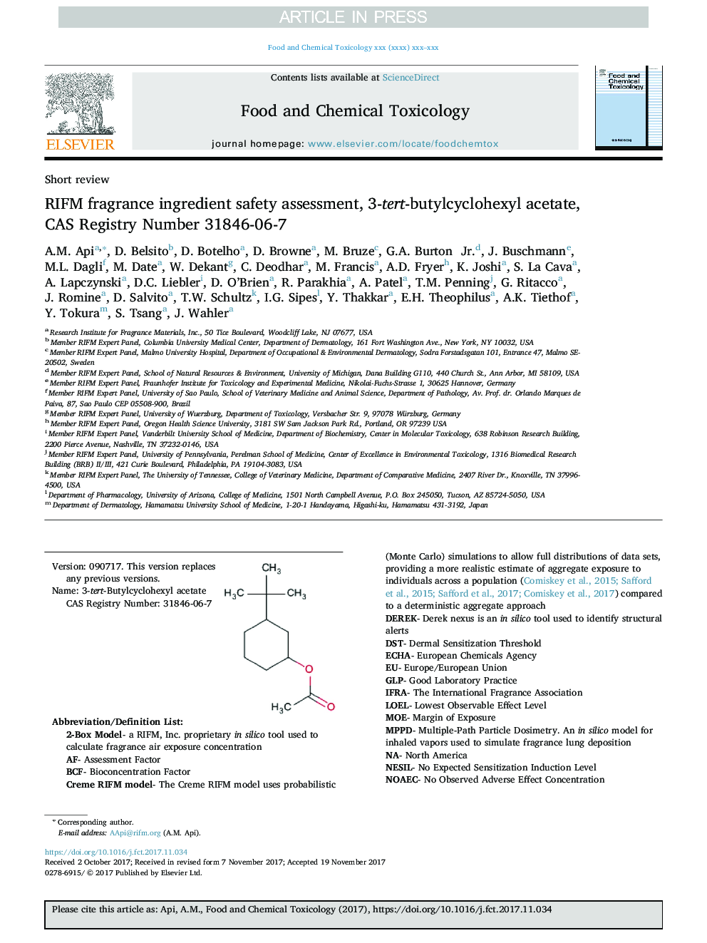 عکس صفحه اول مقاله: RIFM fragrance ingredient safety assessment, 3-tert-butylcyclohexyl acetate, CAS Registry Number 31846-06-7 RIFM fragrance ingredient safety assessment, 3-tert-butylcyclohexyl acetate, CAS Registry Number 31846-06-7