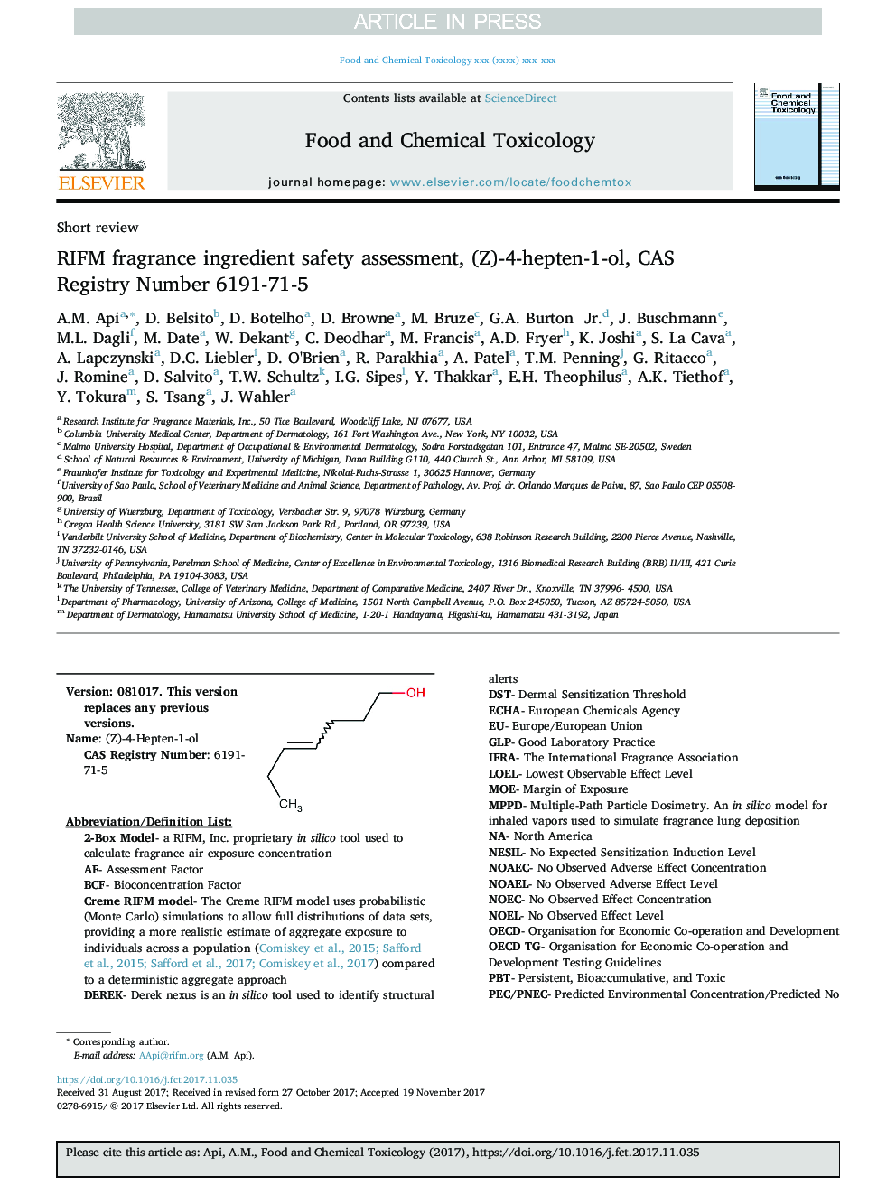 عکس صفحه اول مقاله: RIFM fragrance ingredient safety assessment, (Z)-4-hepten-1-ol, CAS Registry Number 6191-71-5 RIFM fragrance ingredient safety assessment, (Z)-4-hepten-1-ol, CAS Registry Number 6191-71-5