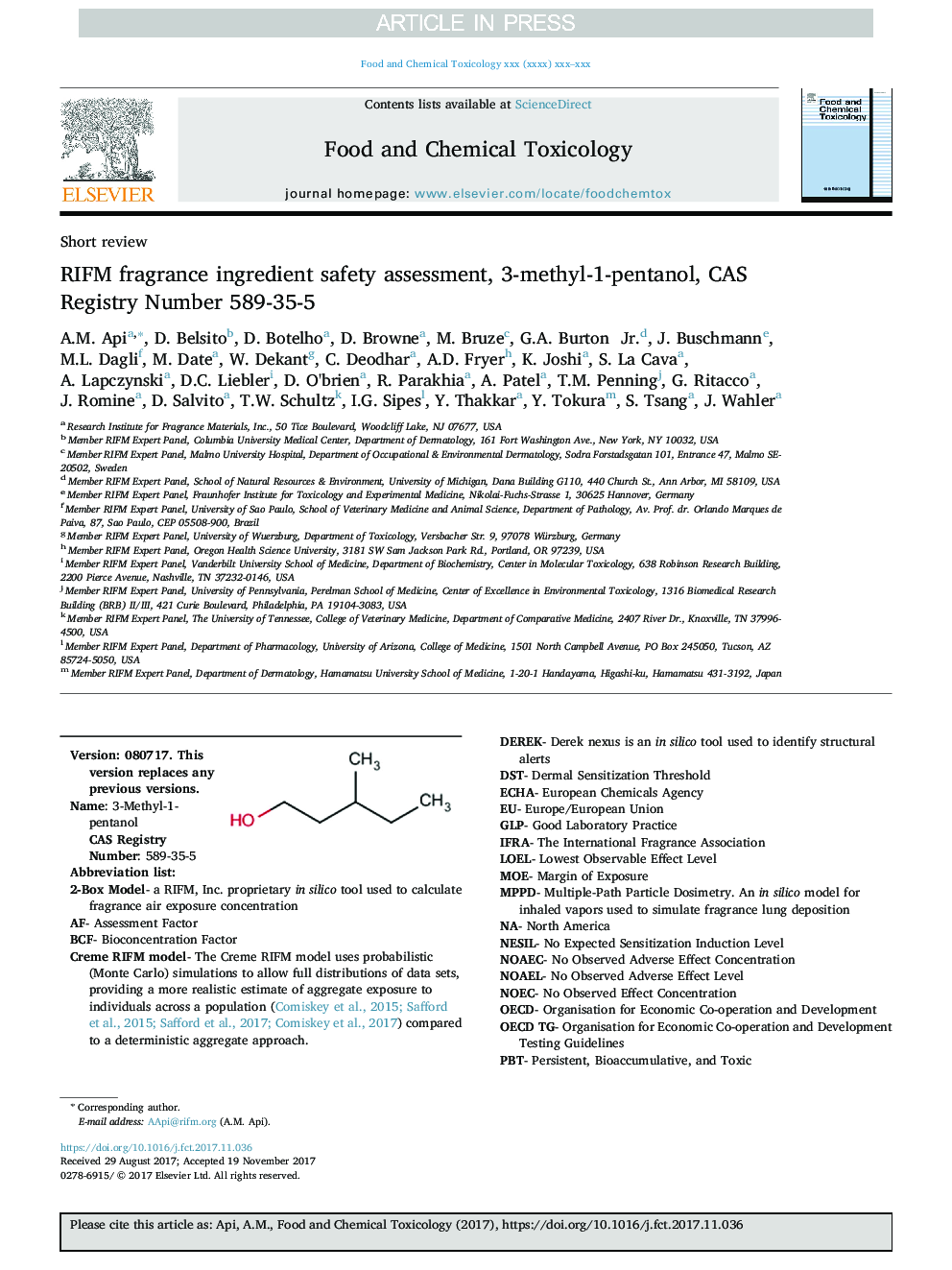 عکس صفحه اول مقاله: RIFM fragrance ingredient safety assessment, 3-methyl-1-pentanol, CAS Registry Number 589-35-5 RIFM fragrance ingredient safety assessment, 3-methyl-1-pentanol, CAS Registry Number 589-35-5