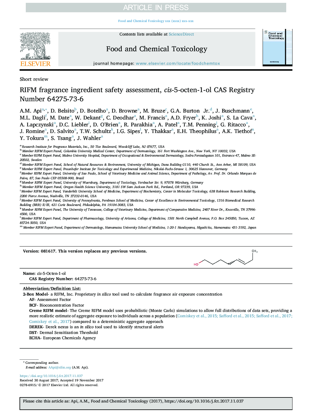 عکس صفحه اول مقاله: RIFM fragrance ingredient safety assessment, cis-5-octen-1-ol CAS Registry Number 64275-73-6 RIFM fragrance ingredient safety assessment, cis-5-octen-1-ol CAS Registry Number 64275-73-6