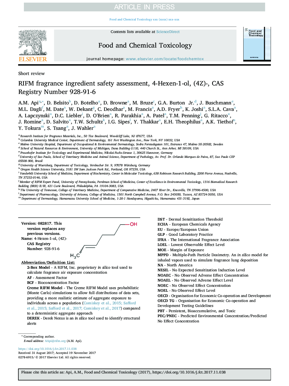 عکس صفحه اول مقاله: RIFM fragrance ingredient safety assessment, 4-Hexen-1-ol, (4Z)-, CAS Registry Number 928-91-6 RIFM fragrance ingredient safety assessment, 4-Hexen-1-ol, (4Z)-, CAS Registry Number 928-91-6