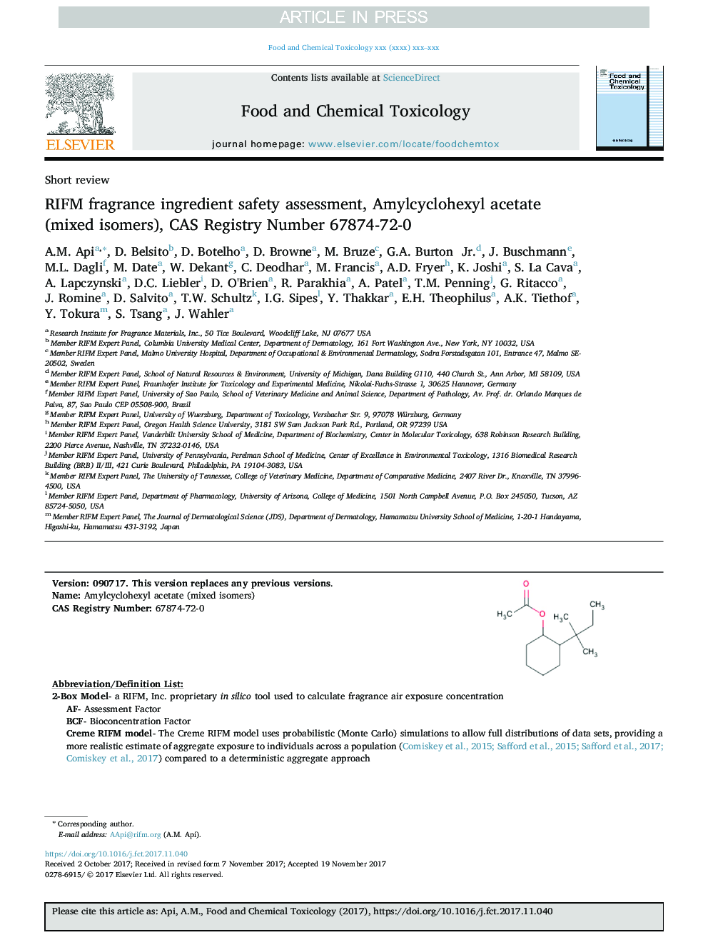 عکس صفحه اول مقاله: RIFM fragrance ingredient safety assessment, Amylcyclohexyl acetate (mixed isomers), CAS Registry Number 67874-72-0 RIFM fragrance ingredient safety assessment, Amylcyclohexyl acetate (mixed isomers), CAS Registry Number 67874-72-0