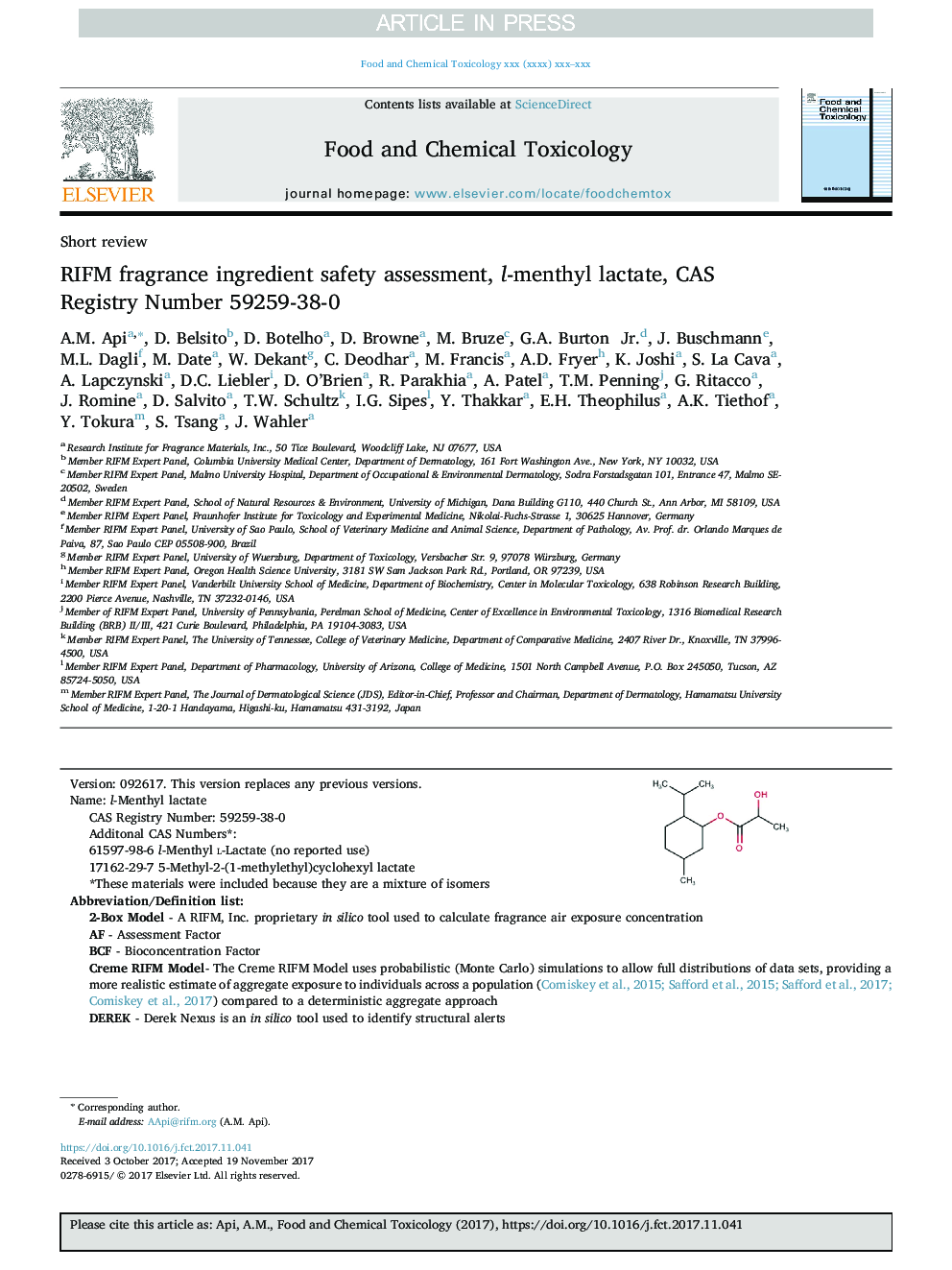 عکس صفحه اول مقاله: RIFM fragrance ingredient safety assessment, l-menthyl lactate, CAS Registry Number 59259-38-0 RIFM fragrance ingredient safety assessment, l-menthyl lactate, CAS Registry Number 59259-38-0