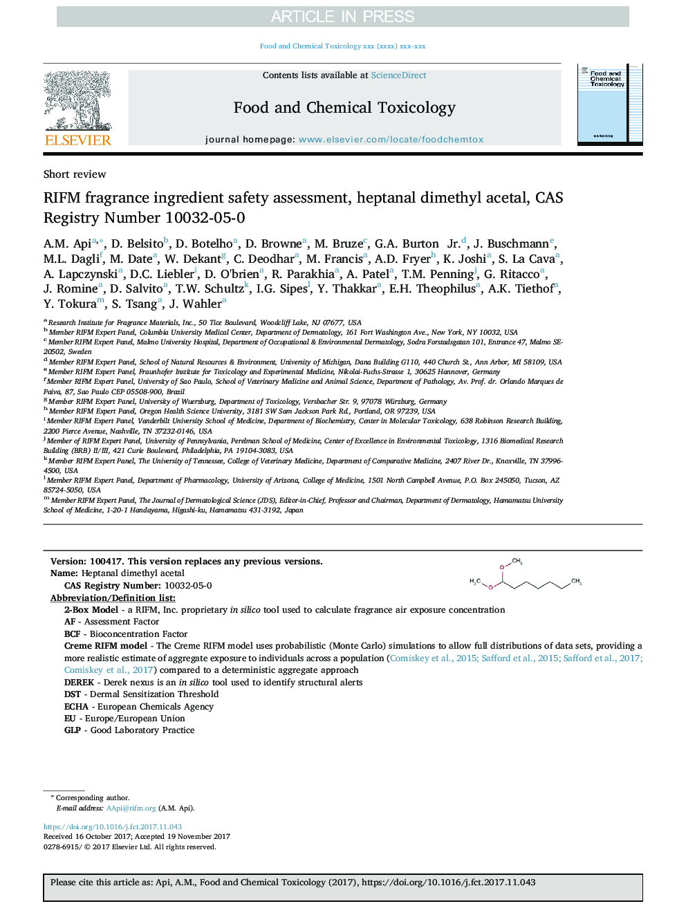 عکس صفحه اول مقاله: RIFM fragrance ingredient safety assessment, heptanal dimethyl acetal, CAS Registry Number 10032-05-0 RIFM fragrance ingredient safety assessment, heptanal dimethyl acetal, CAS Registry Number 10032-05-0