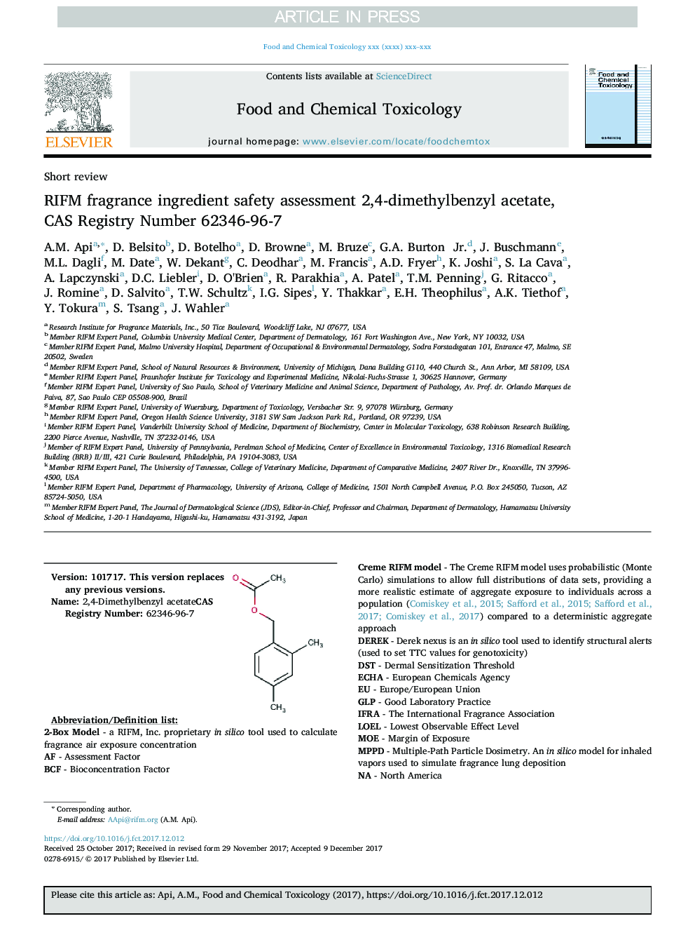 عکس صفحه اول مقاله: RIFM fragrance ingredient safety assessment 2,4-dimethylbenzyl acetate, CAS Registry Number 62346-96-7 RIFM fragrance ingredient safety assessment 2,4-dimethylbenzyl acetate, CAS Registry Number 62346-96-7
