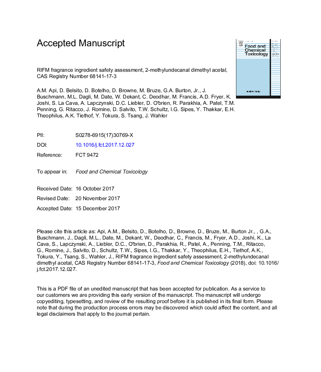 عکس صفحه اول مقاله: RIFM fragrance ingredient safety assessment, 2-methylundecanal dimethyl acetal, CAS Registry Number 68141-17-3 RIFM fragrance ingredient safety assessment, 2-methylundecanal dimethyl acetal, CAS Registry Number 68141-17-3