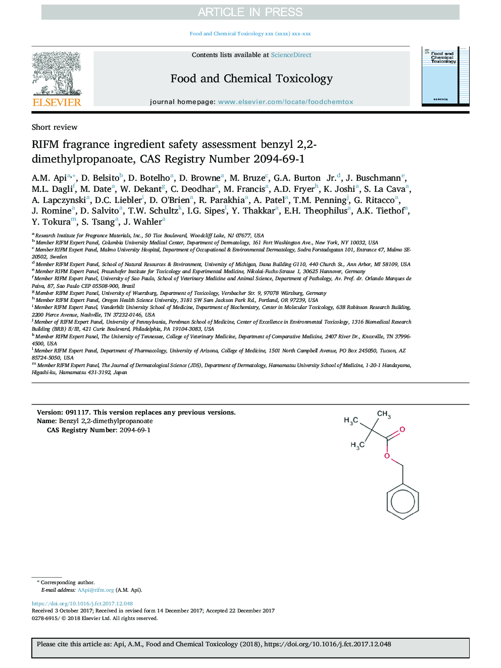عکس صفحه اول مقاله: RIFM fragrance ingredient safety assessment benzyl 2,2-dimethylpropanoate, CAS Registry Number 2094-69-1 RIFM fragrance ingredient safety assessment benzyl 2,2-dimethylpropanoate, CAS Registry Number 2094-69-1