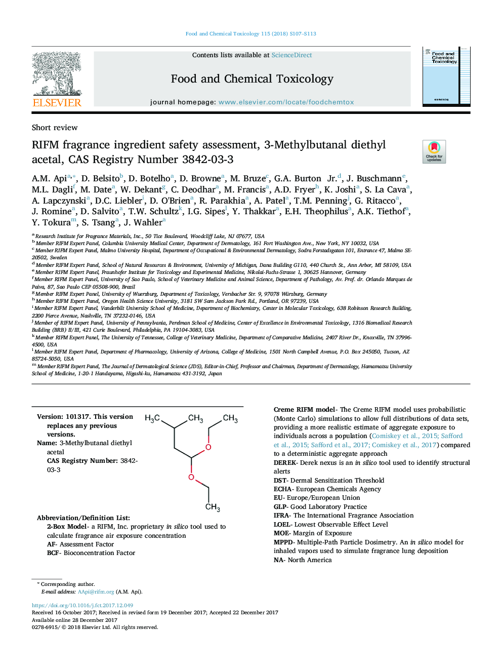 عکس صفحه اول مقاله: RIFM fragrance ingredient safety assessment, 3-Methylbutanal diethyl acetal, CAS Registry Number 3842-03-3 RIFM fragrance ingredient safety assessment, 3-Methylbutanal diethyl acetal, CAS Registry Number 3842-03-3