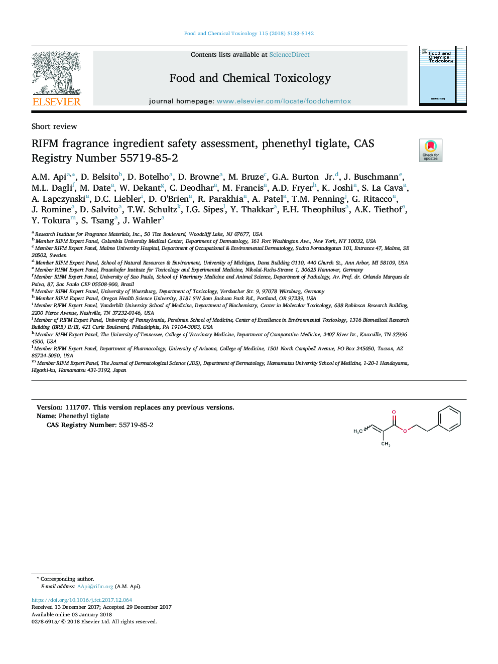 عکس صفحه اول مقاله: RIFM fragrance ingredient safety assessment, phenethyl tiglate, CAS Registry Number 55719-85-2 RIFM fragrance ingredient safety assessment, phenethyl tiglate, CAS Registry Number 55719-85-2