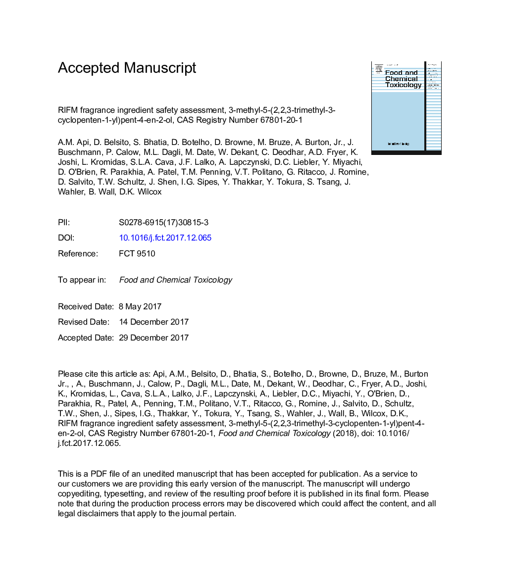 عکس صفحه اول مقاله: RIFM fragrance ingredient safety assessment, 3-methyl-5-(2,2,3-trimethyl-3-cyclopenten-1-yl)pent-4-en-2-ol, CAS Registry Number 67801-20-1 RIFM fragrance ingredient safety assessment, 3-methyl-5-(2,2,3-trimethyl-3-cyclopenten-1-yl)pent-4-en-2-ol, CAS Registry Number 67801-20-1