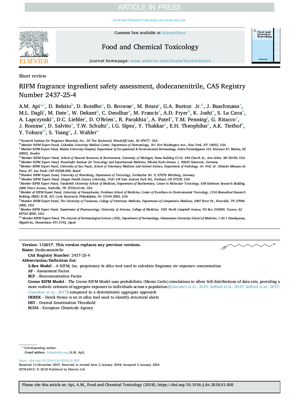 عکس صفحه اول مقاله: RIFM fragrance ingredient safety assessment, dodecanenitrile, CAS Registry Number 2437-25-4 RIFM fragrance ingredient safety assessment, dodecanenitrile, CAS Registry Number 2437-25-4