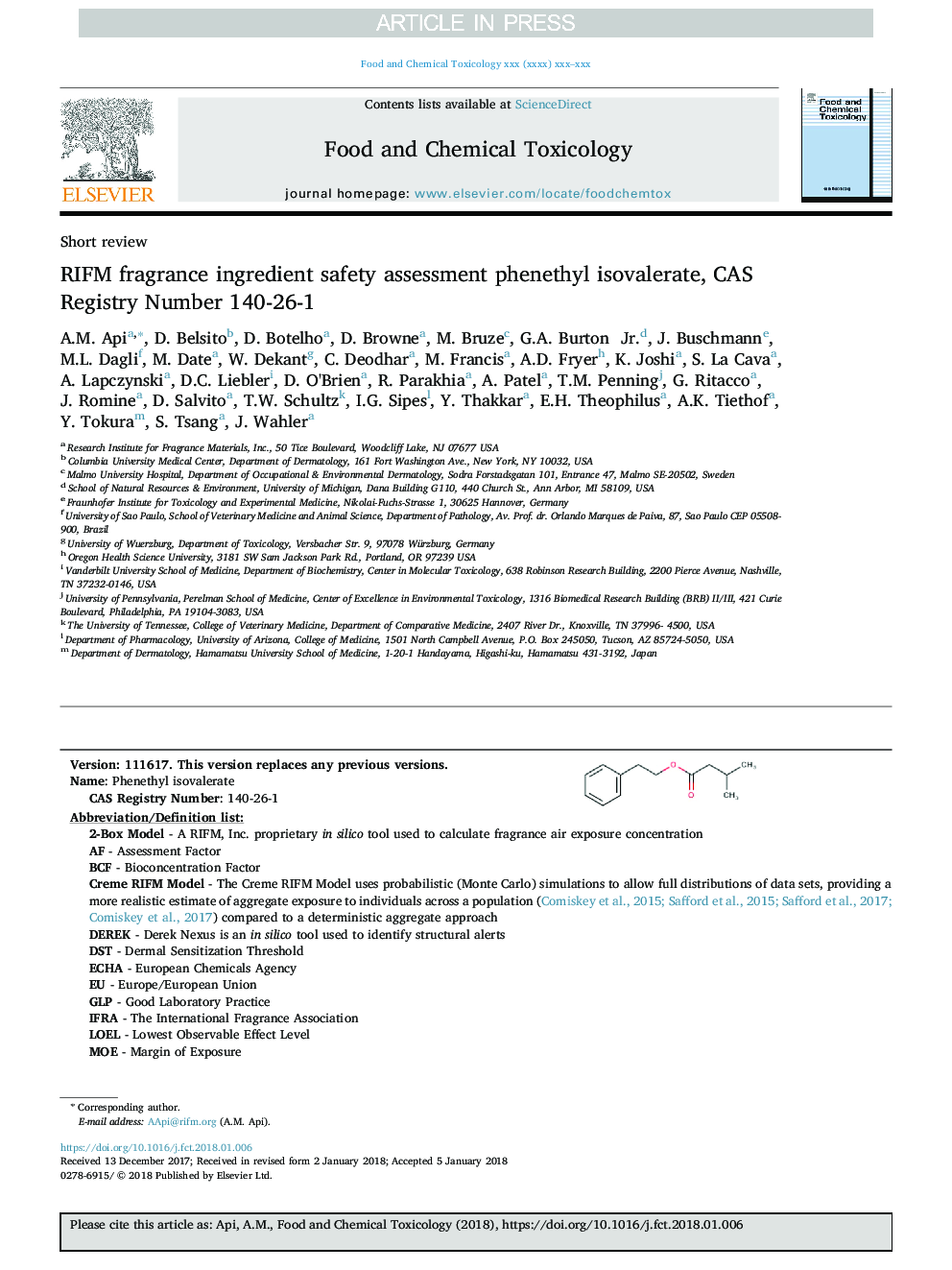 عکس صفحه اول مقاله: RIFM fragrance ingredient safety assessment phenethyl isovalerate, CAS Registry Number 140-26-1 RIFM fragrance ingredient safety assessment phenethyl isovalerate, CAS Registry Number 140-26-1