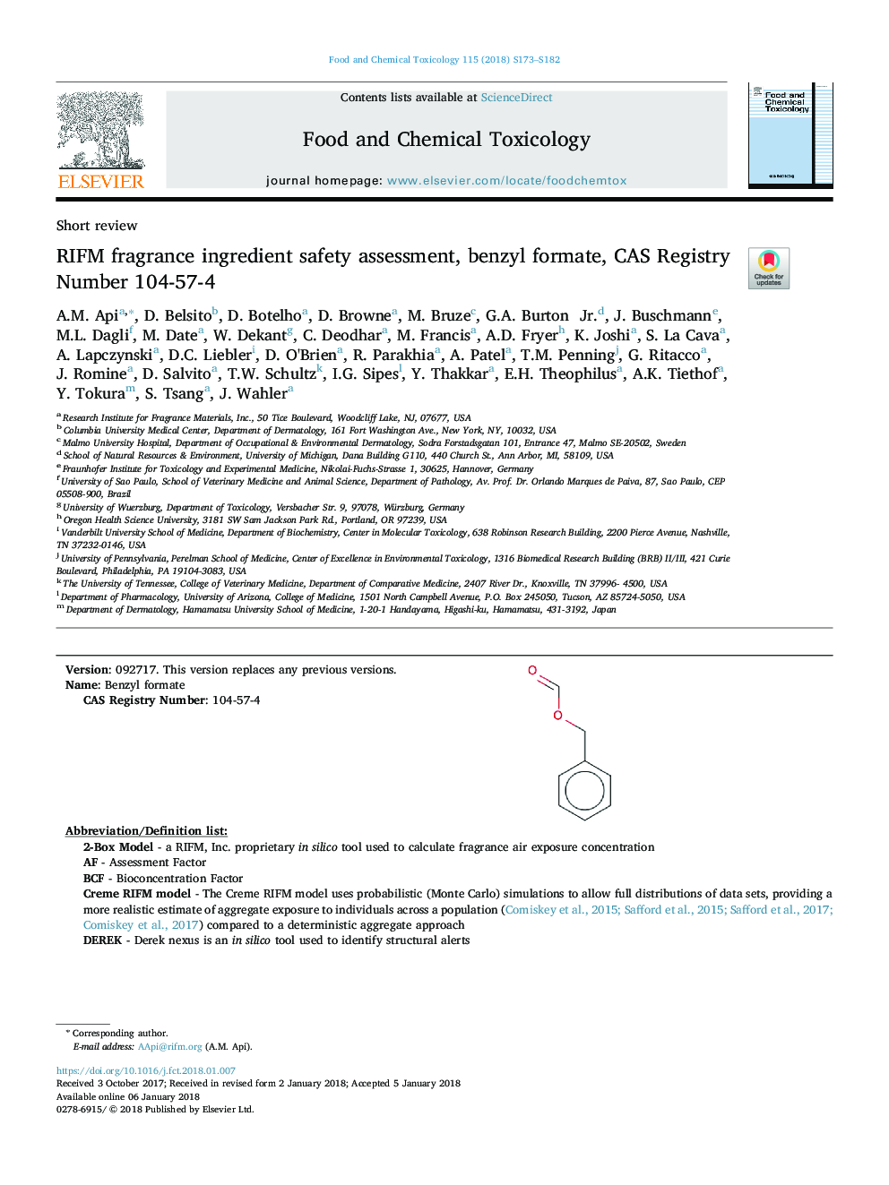 عکس صفحه اول مقاله: RIFM fragrance ingredient safety assessment, benzyl formate, CAS Registry Number 104-57-4 RIFM fragrance ingredient safety assessment, benzyl formate, CAS Registry Number 104-57-4