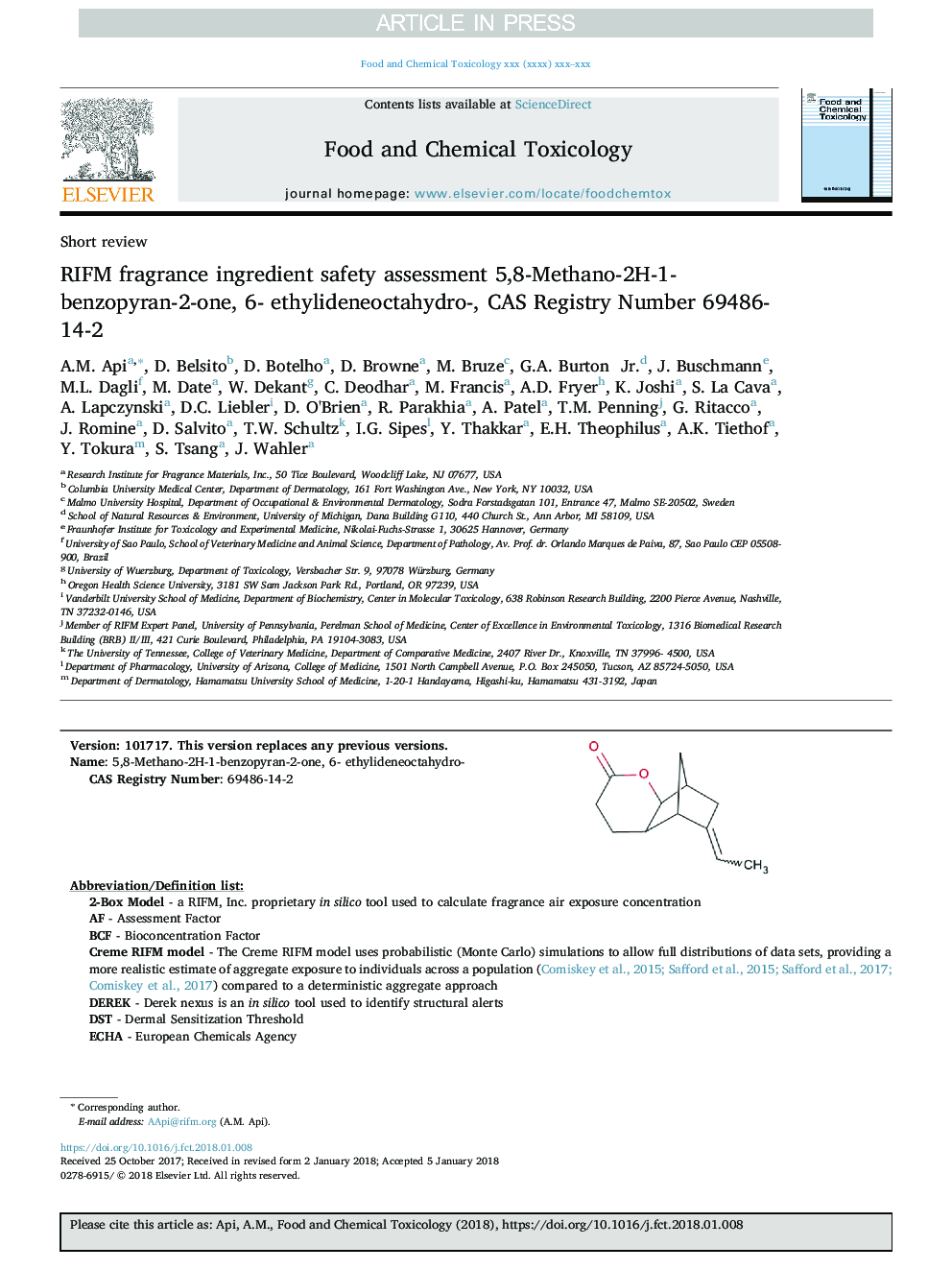 عکس صفحه اول مقاله: RIFM fragrance ingredient safety assessment 5,8-Methano-2H-1-benzopyran-2-one, 6- ethylideneoctahydro-, CAS Registry Number 69486-14-2 RIFM fragrance ingredient safety assessment 5,8-Methano-2H-1-benzopyran-2-one, 6- ethylideneoctahydro-, CAS Registry Number 69486-14-2