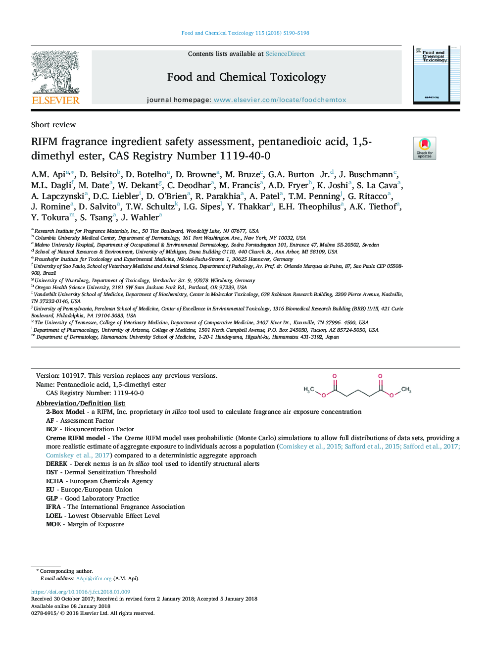 عکس صفحه اول مقاله: RIFM fragrance ingredient safety assessment, pentanedioic acid, 1,5-dimethyl ester, CAS Registry Number 1119-40-0 RIFM fragrance ingredient safety assessment, pentanedioic acid, 1,5-dimethyl ester, CAS Registry Number 1119-40-0