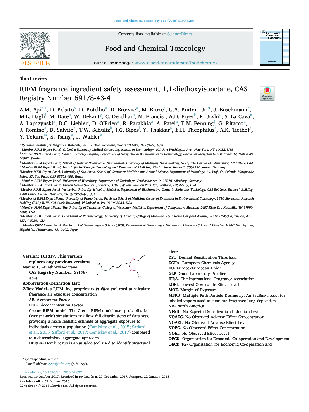 عکس صفحه اول مقاله: RIFM fragrance ingredient safety assessment, 1,1-diethoxyisooctane, CAS Registry Number 69178-43-4 RIFM fragrance ingredient safety assessment, 1,1-diethoxyisooctane, CAS Registry Number 69178-43-4