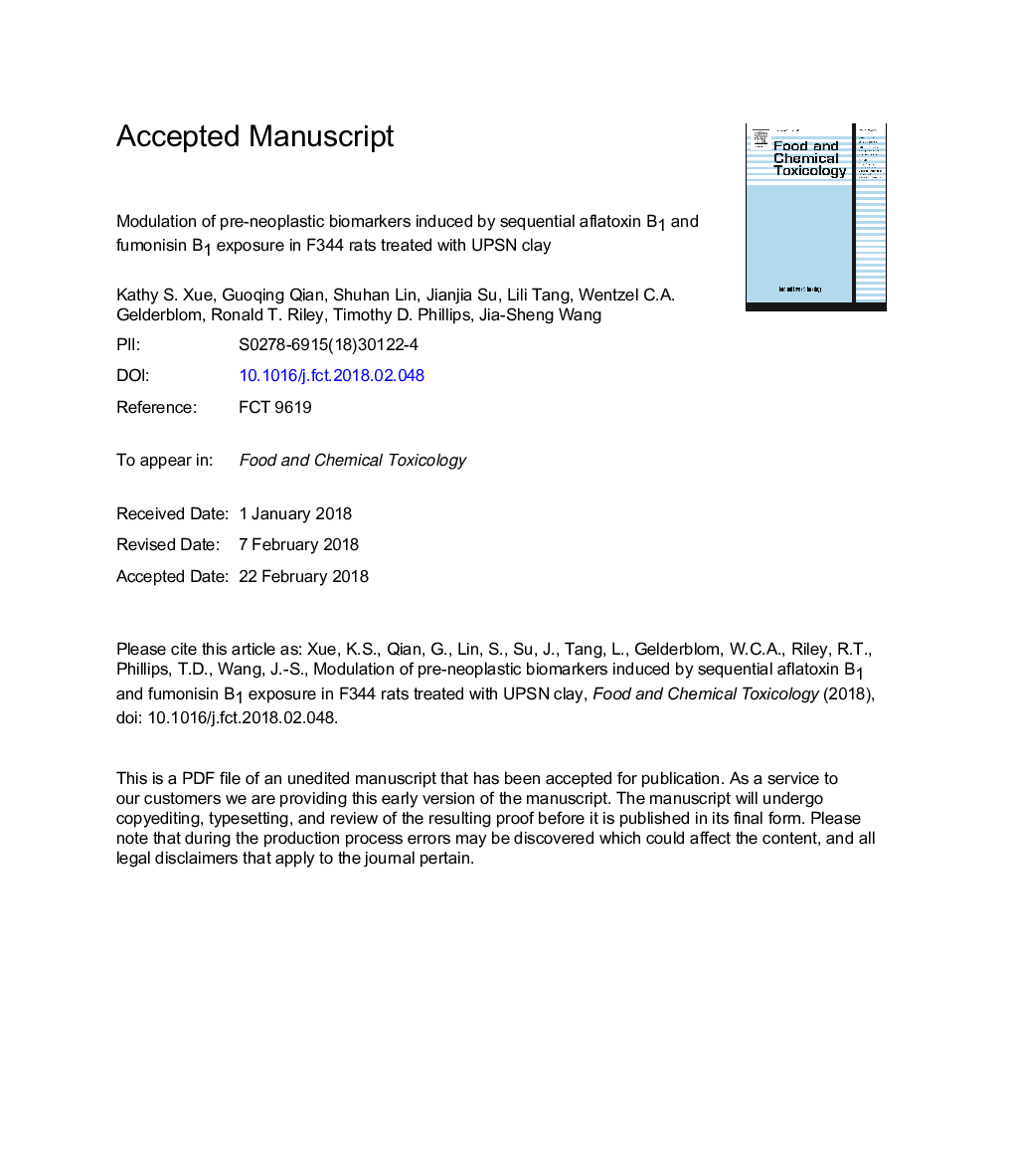 Modulation of pre-neoplastic biomarkers induced by sequential aflatoxin B1 and fumonisin B1 exposure in F344 rats treated with UPSN clay