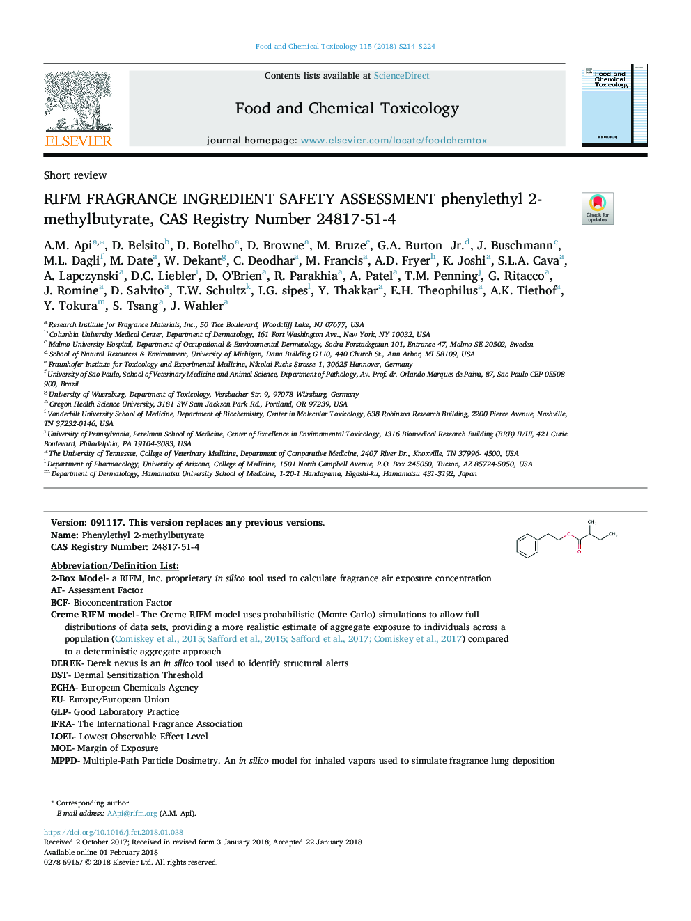 عکس صفحه اول مقاله: RIFM FRAGRANCE INGREDIENT SAFETY ASSESSMENT phenylethyl 2-methylbutyrate, CAS Registry Number 24817-51-4 RIFM FRAGRANCE INGREDIENT SAFETY ASSESSMENT phenylethyl 2-methylbutyrate, CAS Registry Number 24817-51-4