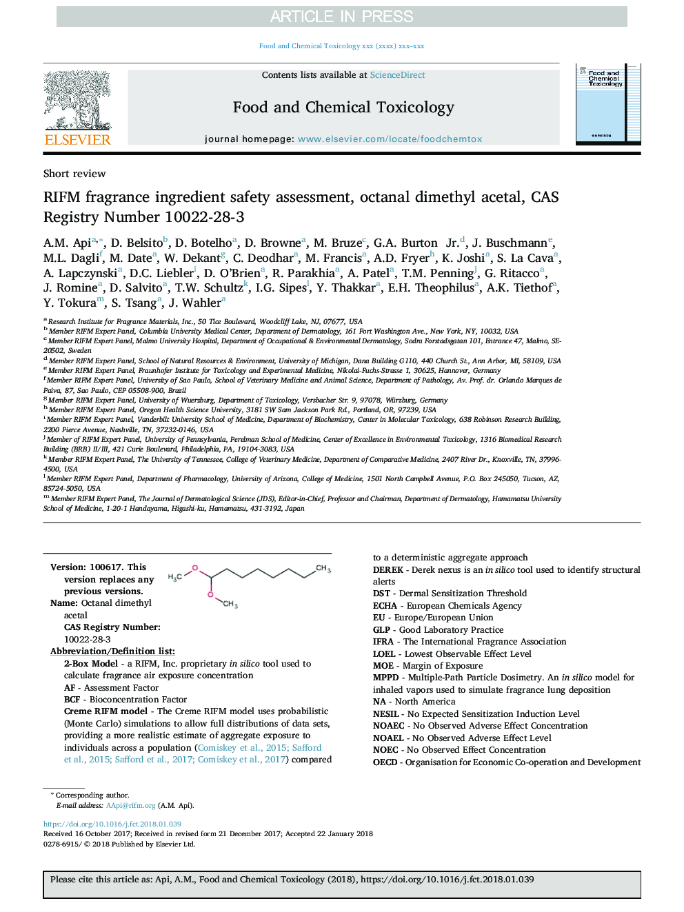 عکس صفحه اول مقاله: RIFM fragrance ingredient safety assessment, octanal dimethyl acetal, CAS Registry Number 10022-28-3 RIFM fragrance ingredient safety assessment, octanal dimethyl acetal, CAS Registry Number 10022-28-3