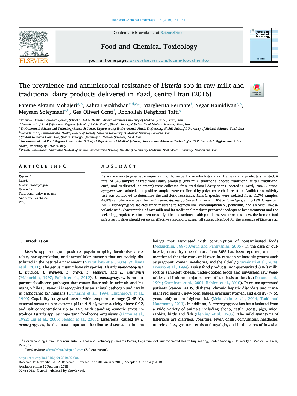 عکس صفحه اول مقاله: The prevalence and antimicrobial resistance of Listeria spp in raw milk and traditional dairy products delivered in Yazd, central Iran (2016) The prevalence and antimicrobial resistance of Listeria spp in raw milk and traditional dairy products delivered in Yazd, central Iran (2016)