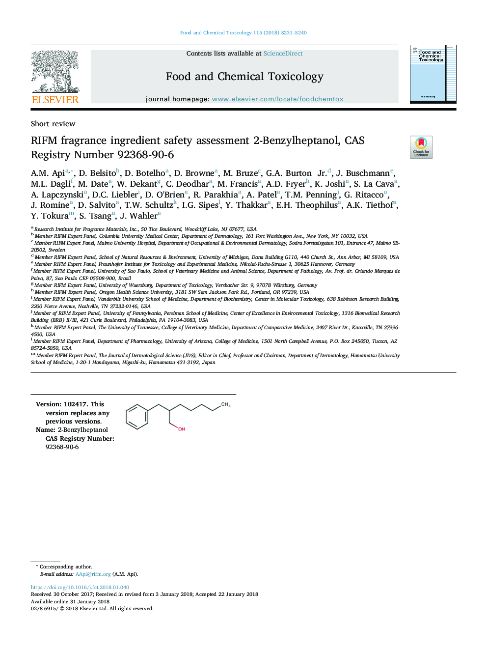 عکس صفحه اول مقاله: RIFM fragrance ingredient safety assessment 2-Benzylheptanol, CAS Registry Number 92368-90-6 RIFM fragrance ingredient safety assessment 2-Benzylheptanol, CAS Registry Number 92368-90-6