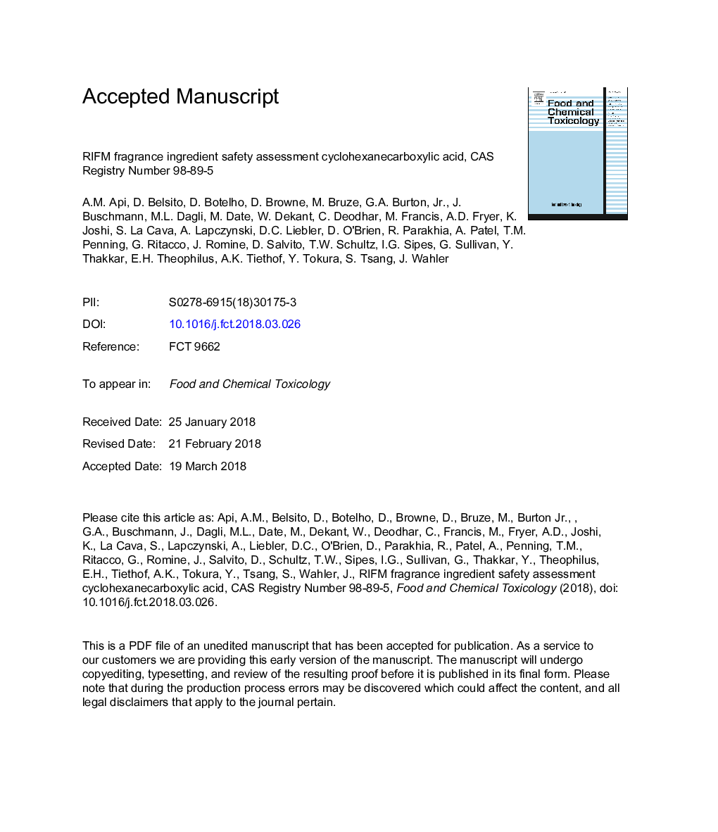 عکس صفحه اول مقاله: RIFM fragrance ingredient safety assessment cyclohexanecarboxylic acid, CAS Registry Number 98-89-5 RIFM fragrance ingredient safety assessment cyclohexanecarboxylic acid, CAS Registry Number 98-89-5