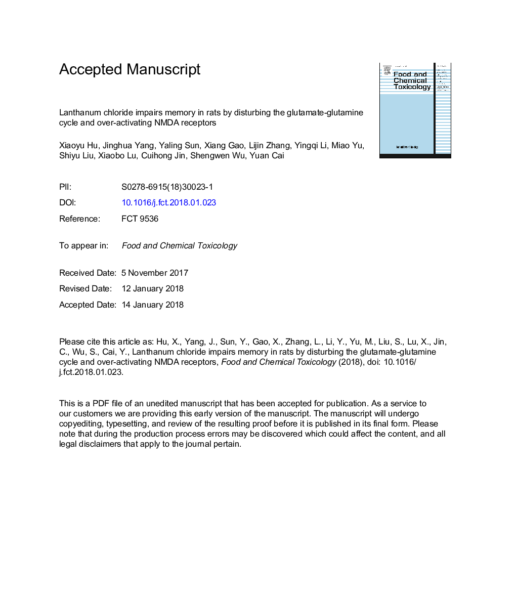 Lanthanum chloride impairs memory in rats by disturbing the glutamate-glutamine cycle and over-activating NMDA receptors