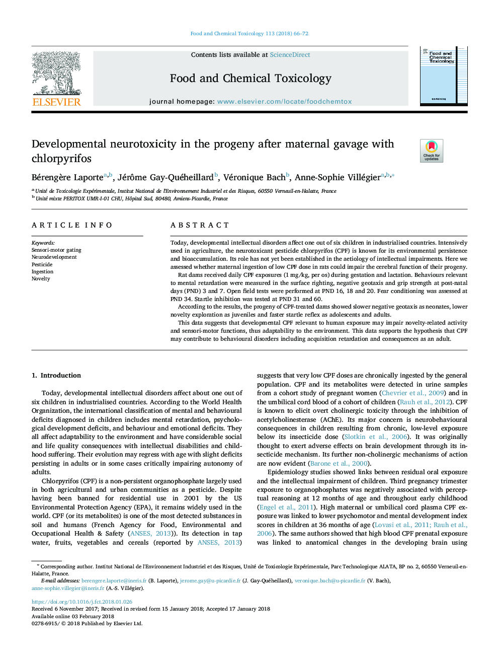 Developmental neurotoxicity in the progeny after maternal gavage with chlorpyrifos