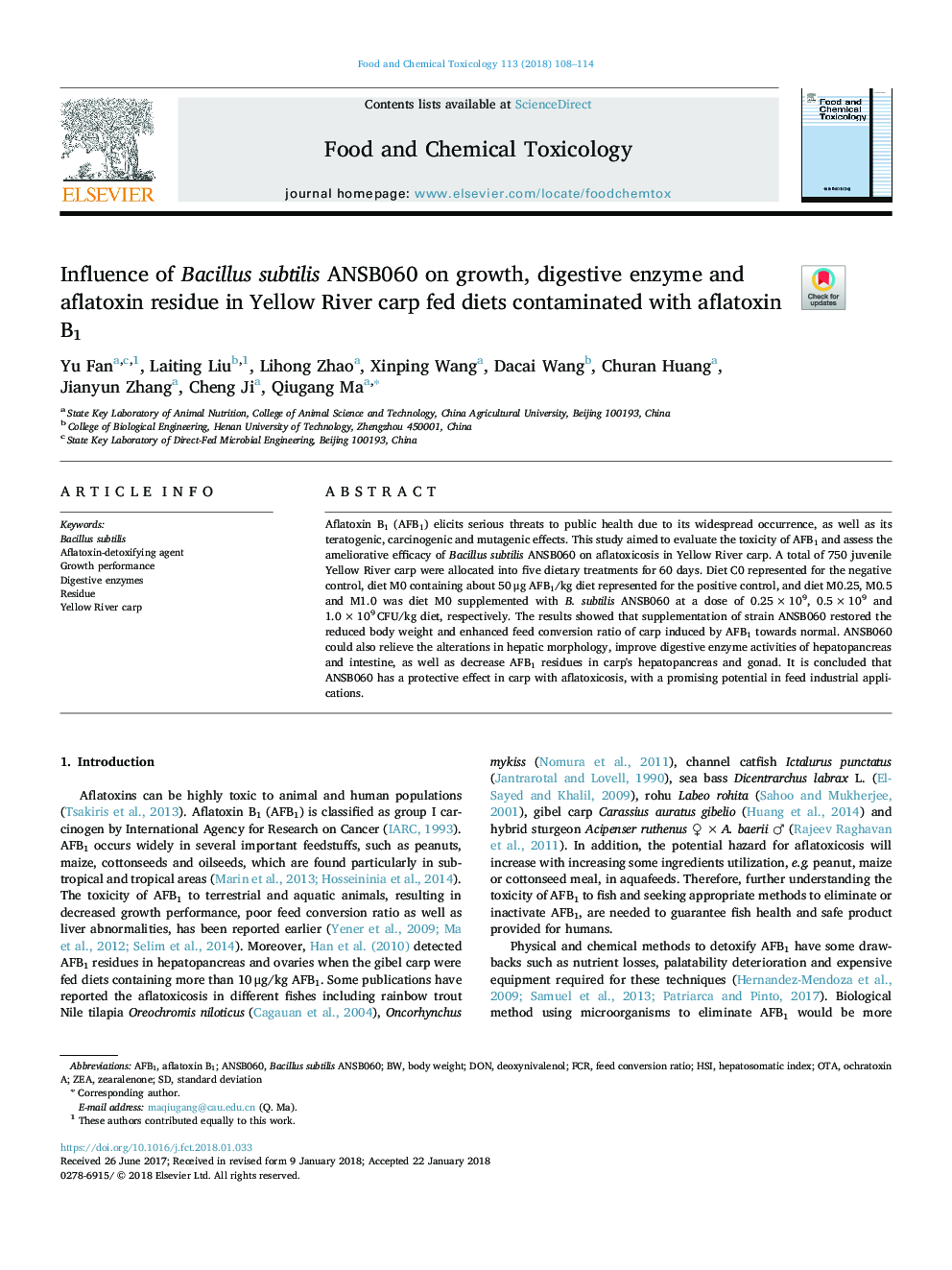 Influence of Bacillus subtilis ANSB060 on growth, digestive enzyme and aflatoxin residue in Yellow River carp fed diets contaminated with aflatoxin B1