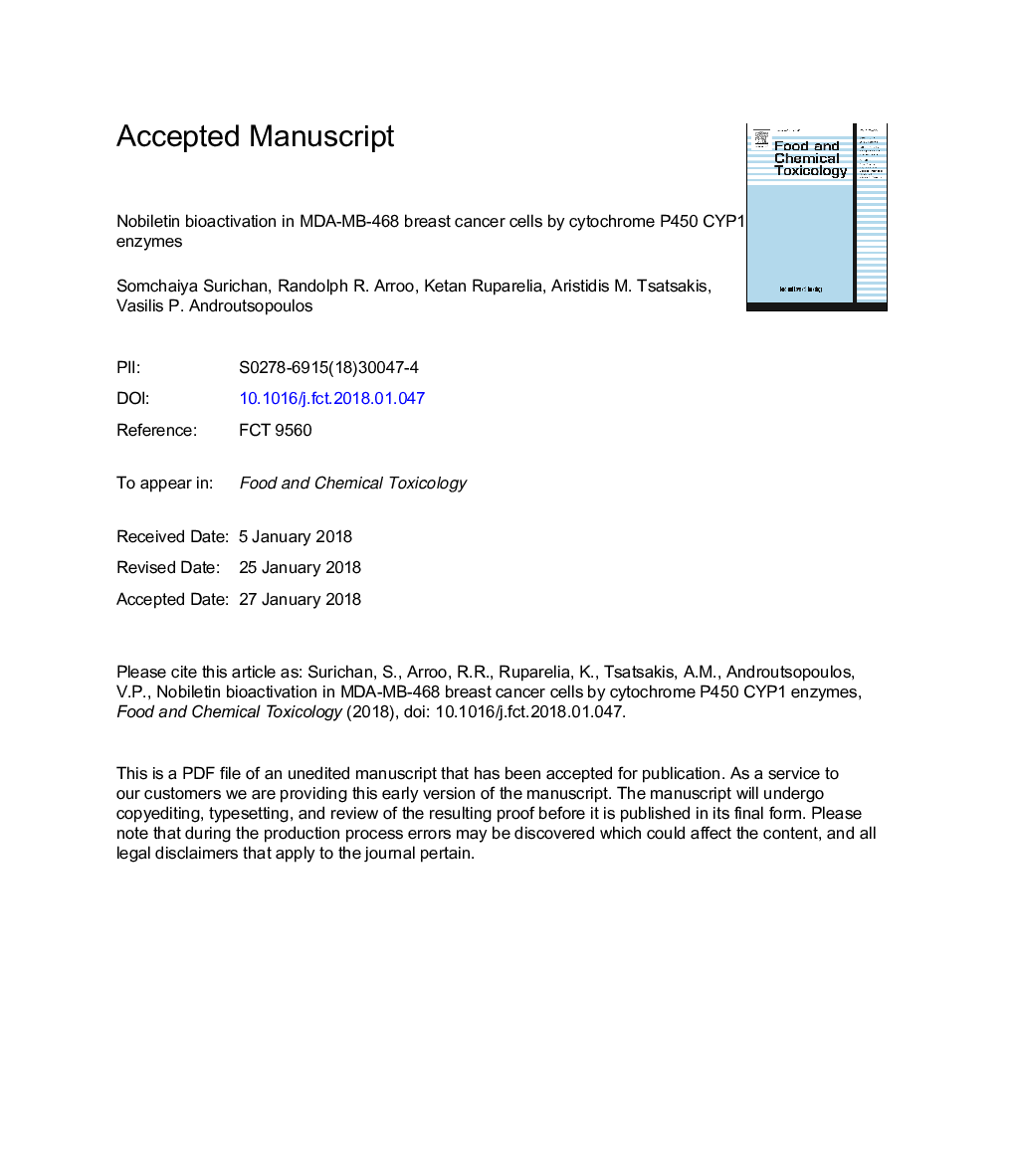 Nobiletin bioactivation in MDA-MB-468 breast cancer cells by cytochrome P450 CYP1 enzymes