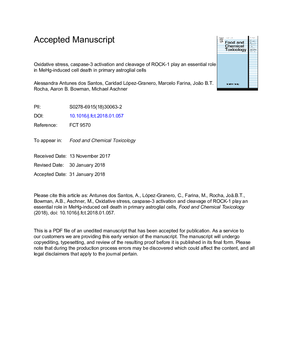 عکس صفحه اول مقاله: Oxidative stress, caspase-3 activation and cleavage of ROCK-1 play an essential role in MeHg-induced cell death in primary astroglial cells Oxidative stress, caspase-3 activation and cleavage of ROCK-1 play an essential role in MeHg-induced cell death in primary astroglial cells