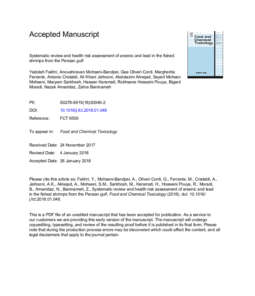 Systematic review and health risk assessment of arsenic and lead in the fished shrimps from the Persian gulf