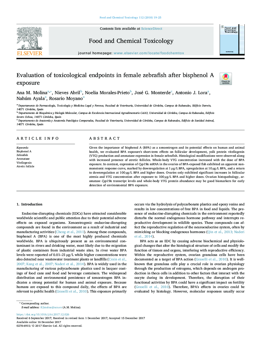 Evaluation of toxicological endpoints in female zebrafish after bisphenol A exposure