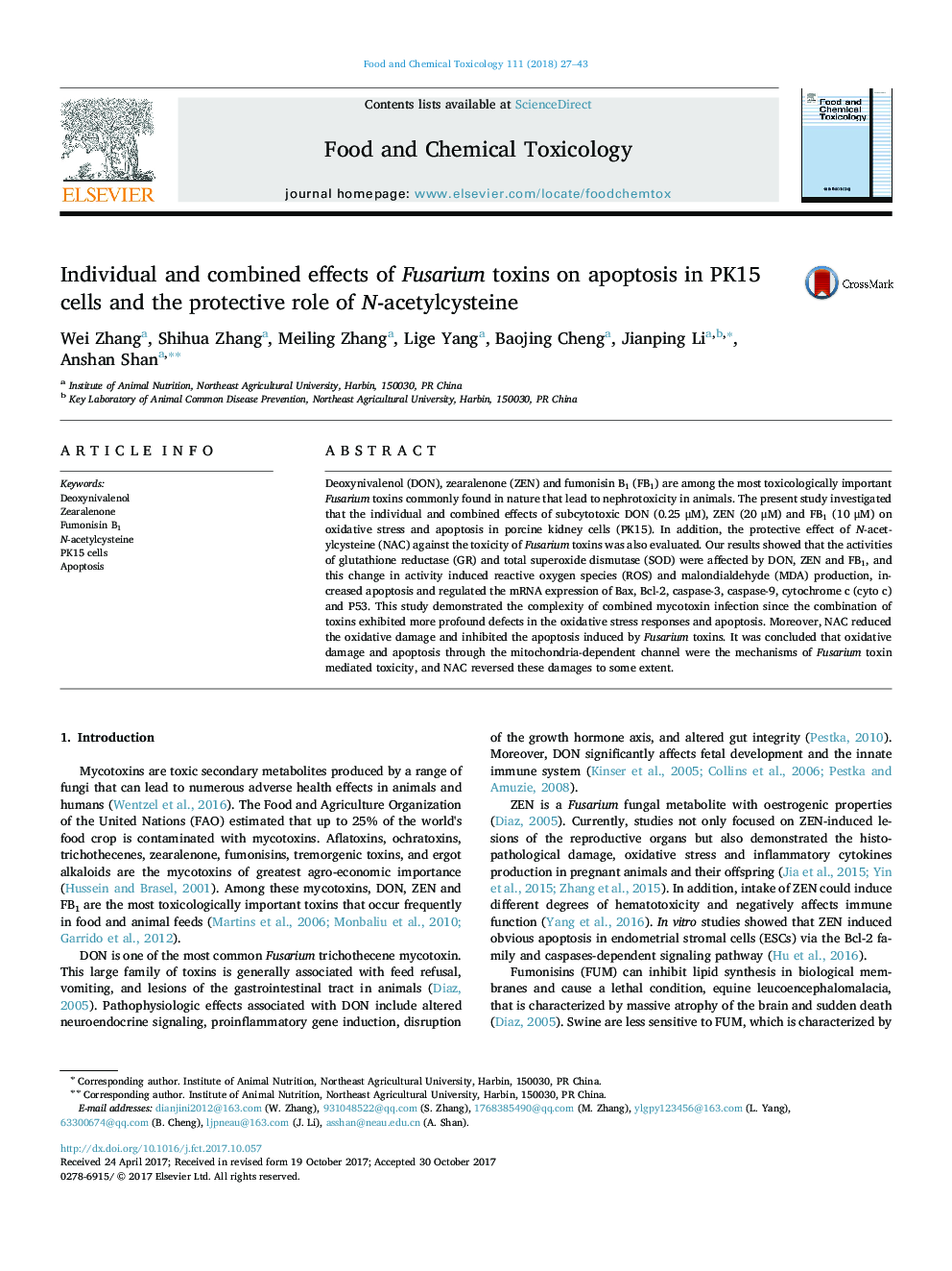 Individual and combined effects of Fusarium toxins on apoptosis in PK15 cells and the protective role of N-acetylcysteine