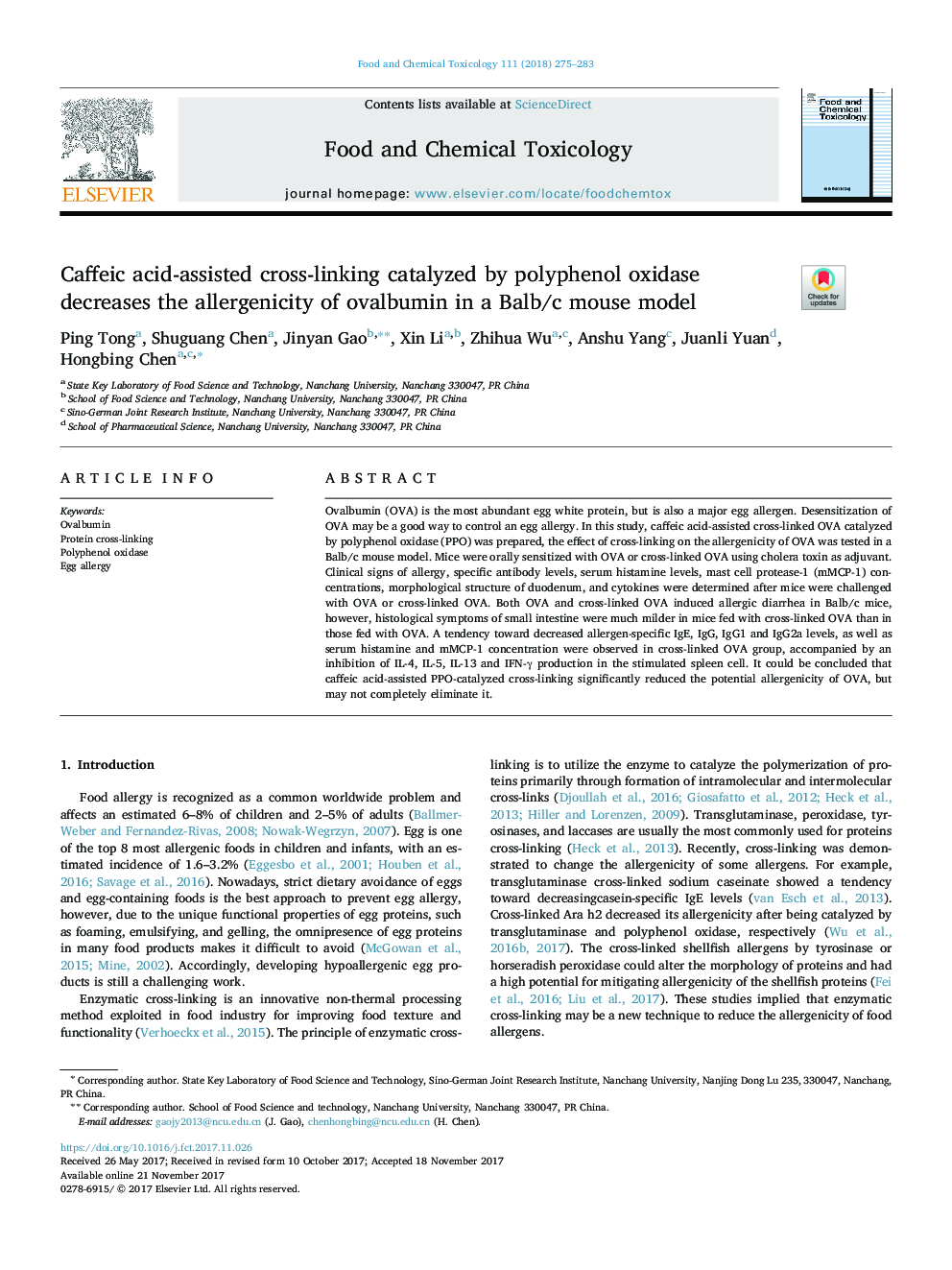 Caffeic acid-assisted cross-linking catalyzed by polyphenol oxidase decreases the allergenicity of ovalbumin in a Balb/c mouse model