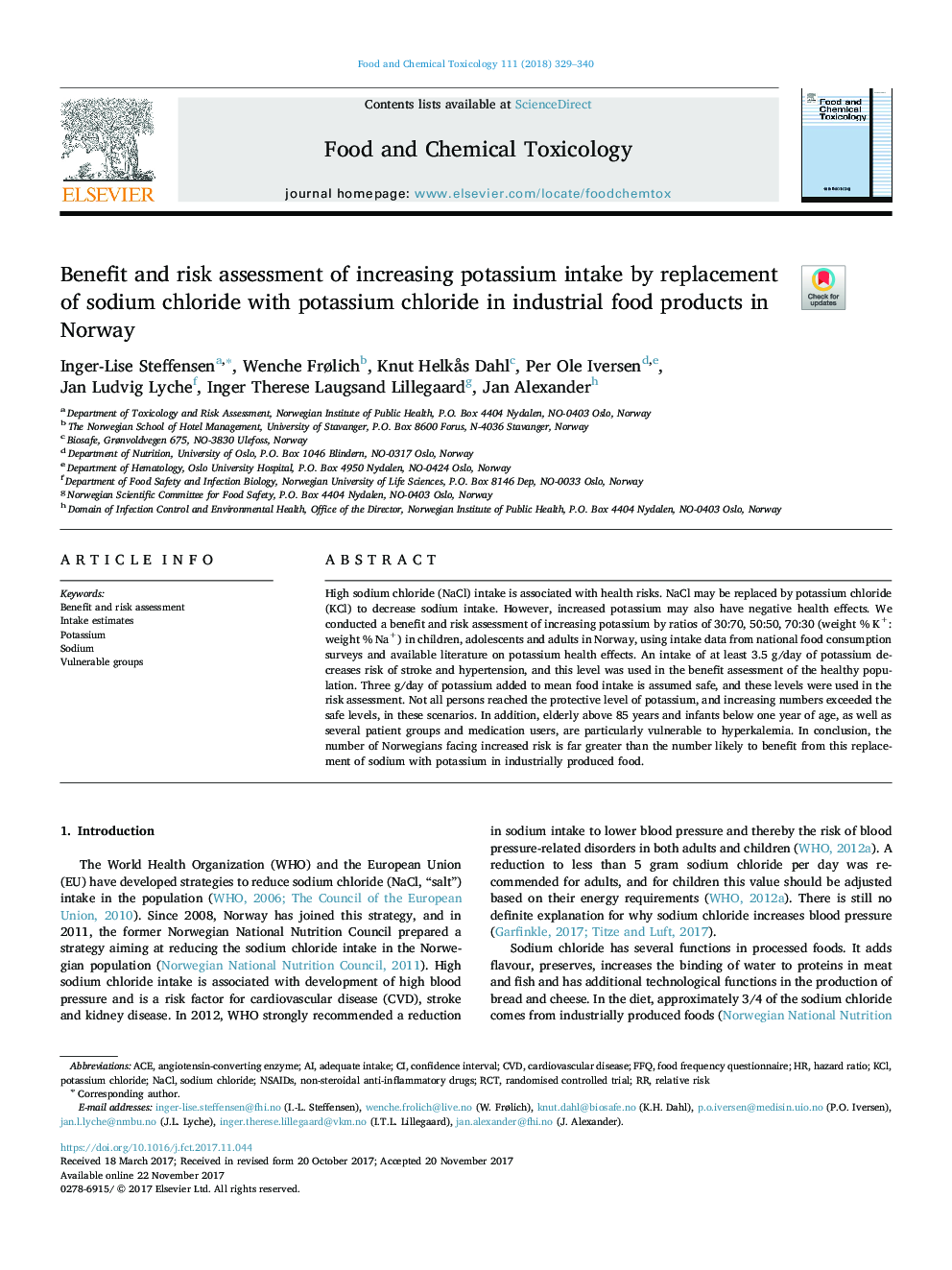Benefit and risk assessment of increasing potassium intake by replacement of sodium chloride with potassium chloride in industrial food products in Norway