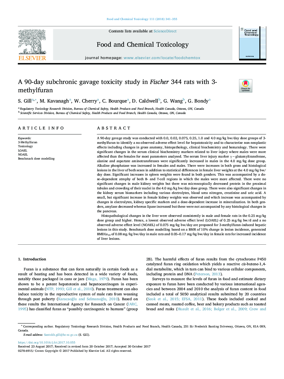 A 90-day subchronic gavage toxicity study in Fischer 344 rats with 3-methylfuran