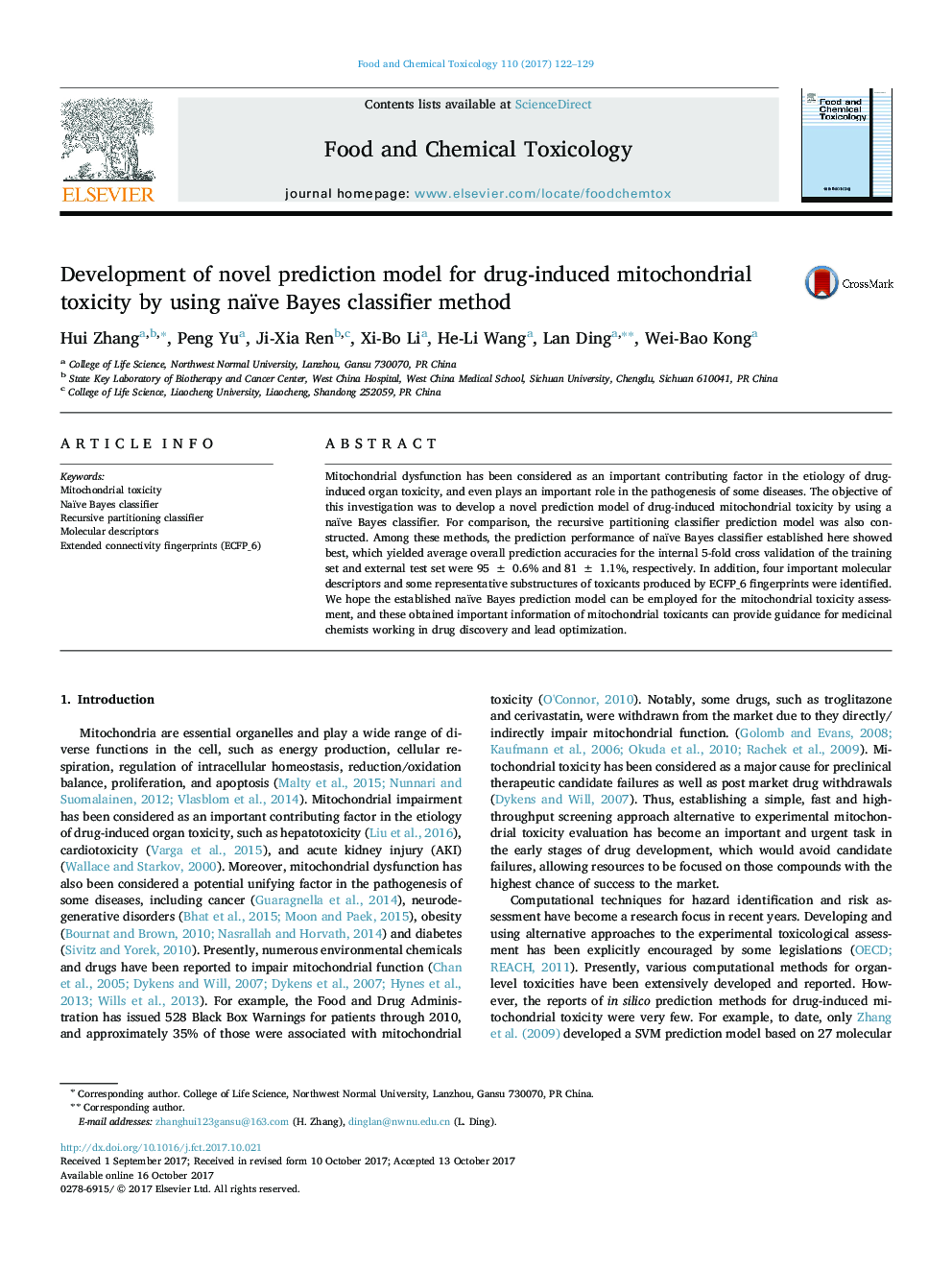 Development of novel prediction model for drug-induced mitochondrial toxicity by using naïve Bayes classifier method