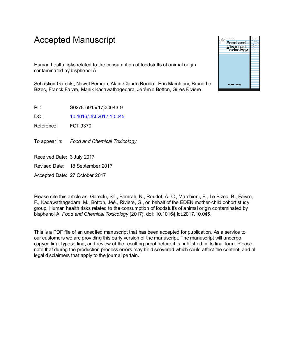 Human health risks related to the consumption of foodstuffs of animal origin contaminated by bisphenol A