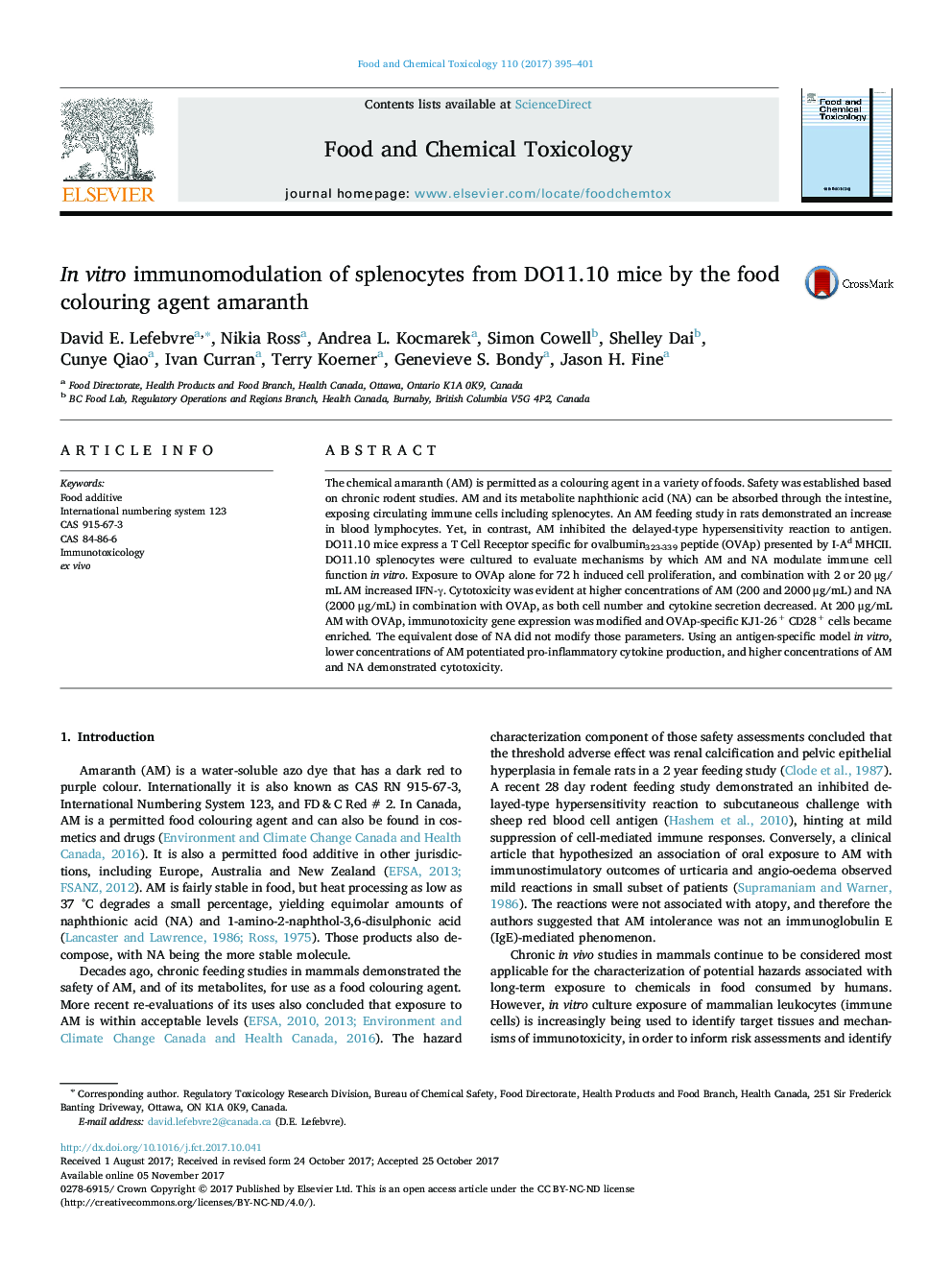 In vitro immunomodulation of splenocytes from DO11.10 mice by the food colouring agent amaranth